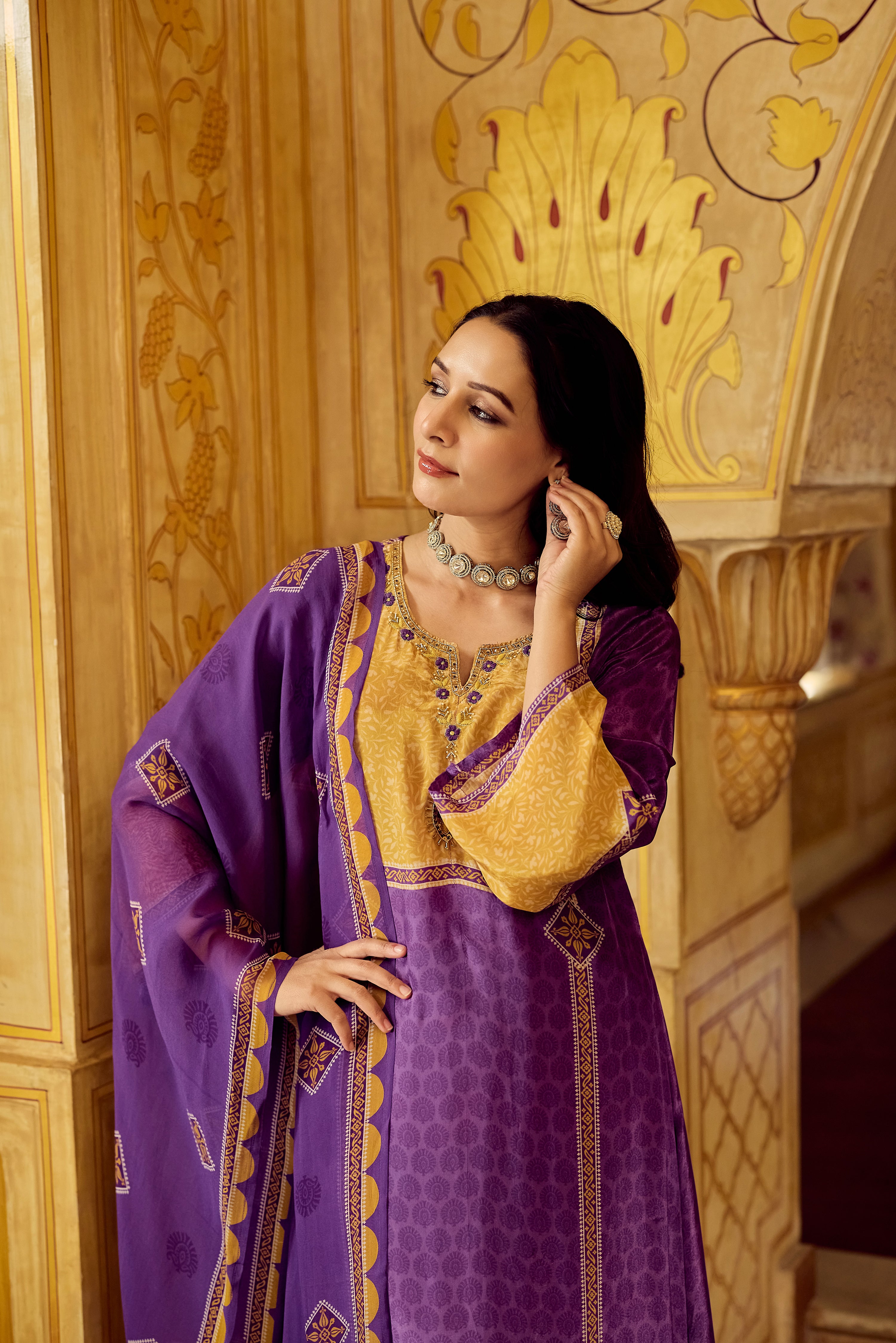 Royal Orchid Mustard Crepe Suit Set