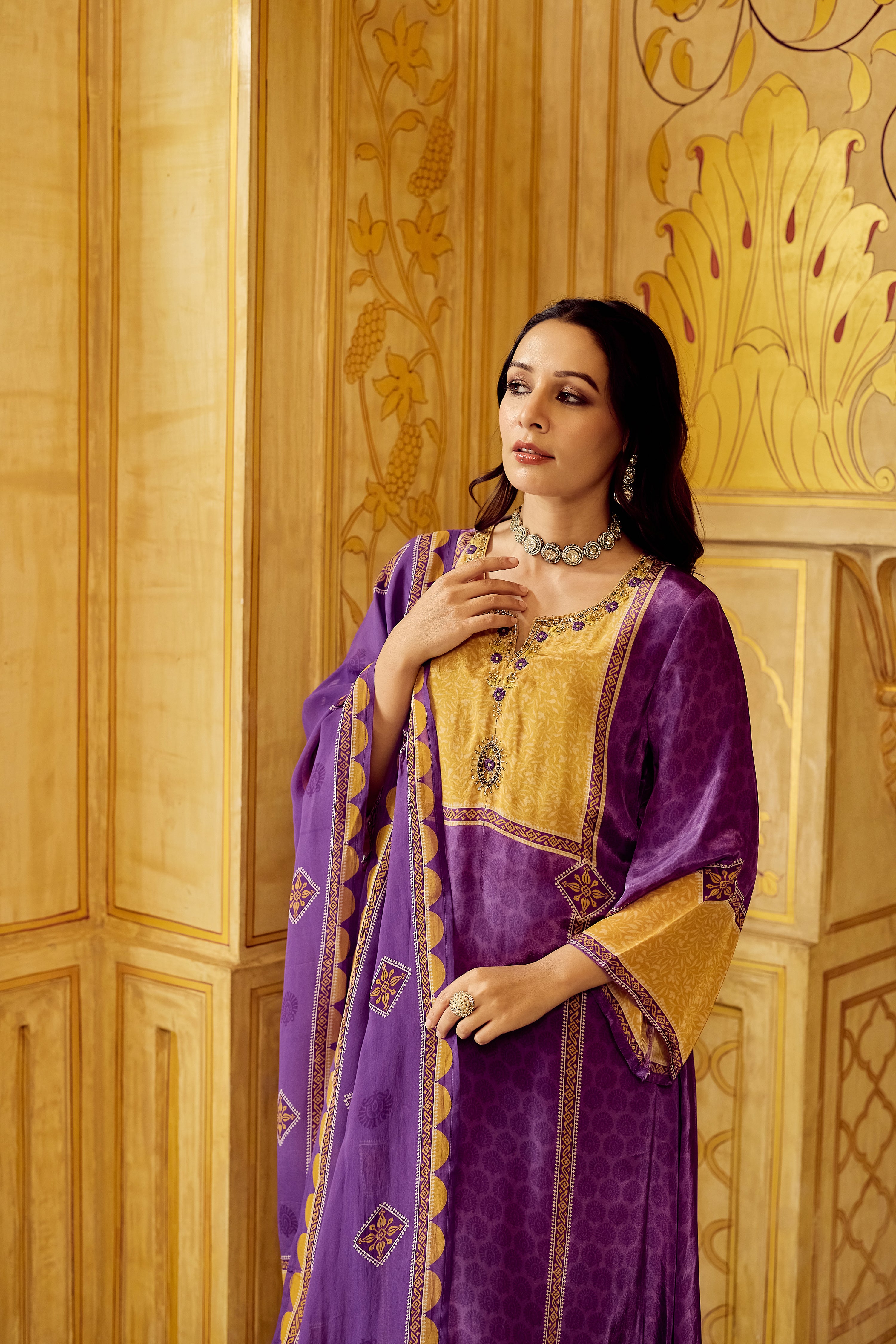 Royal Orchid Mustard Crepe Suit Set