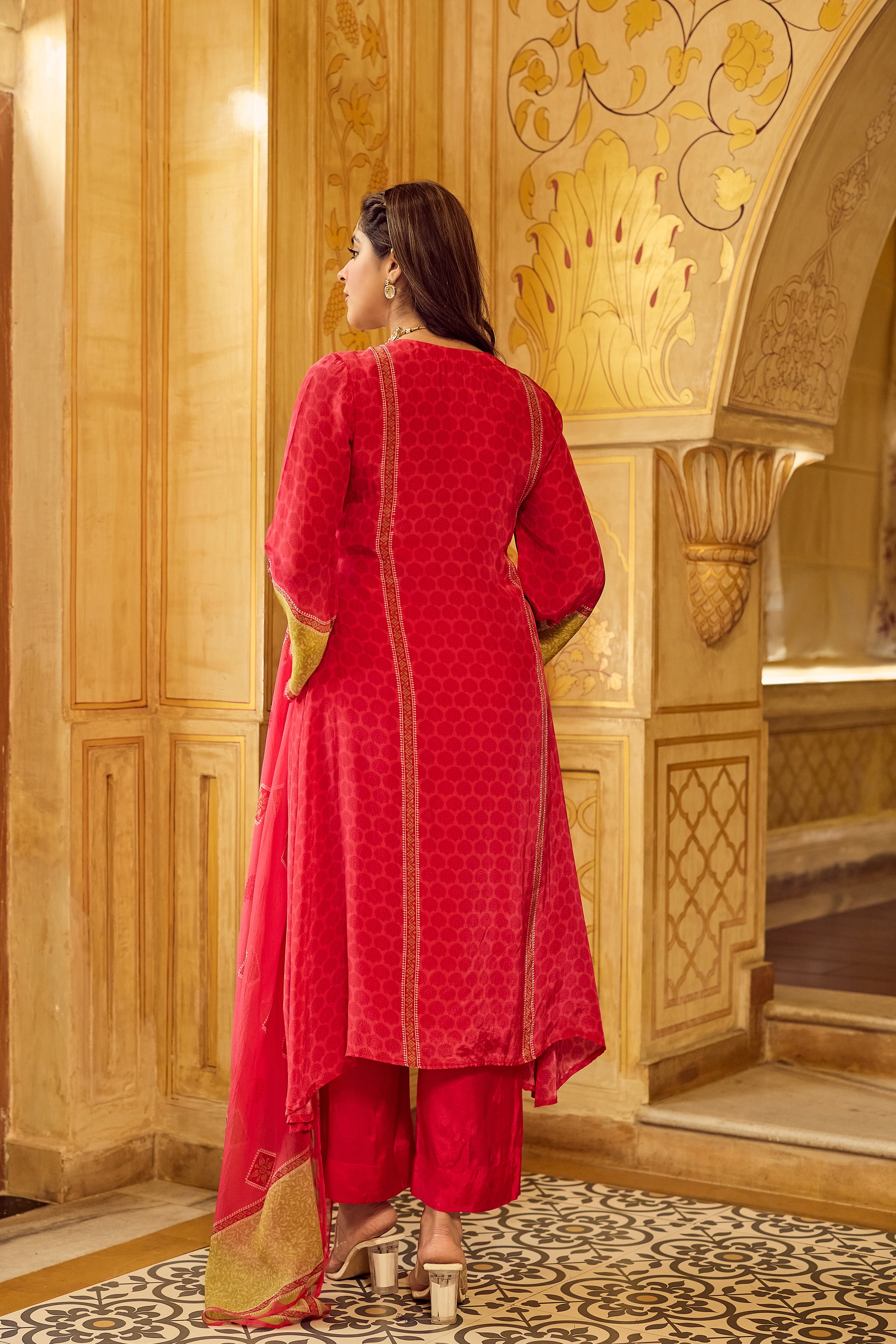 Crimson Mustard Glow Crepe Suit Set