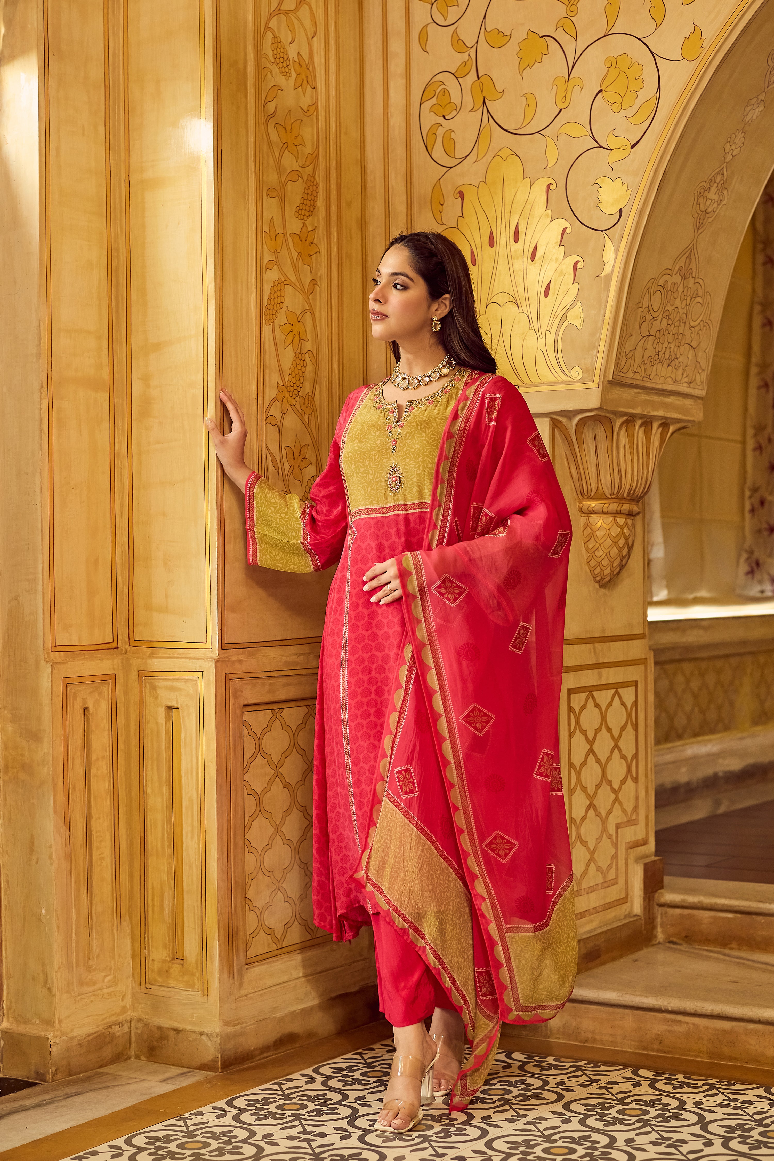 Crimson Mustard Glow Crepe Suit Set