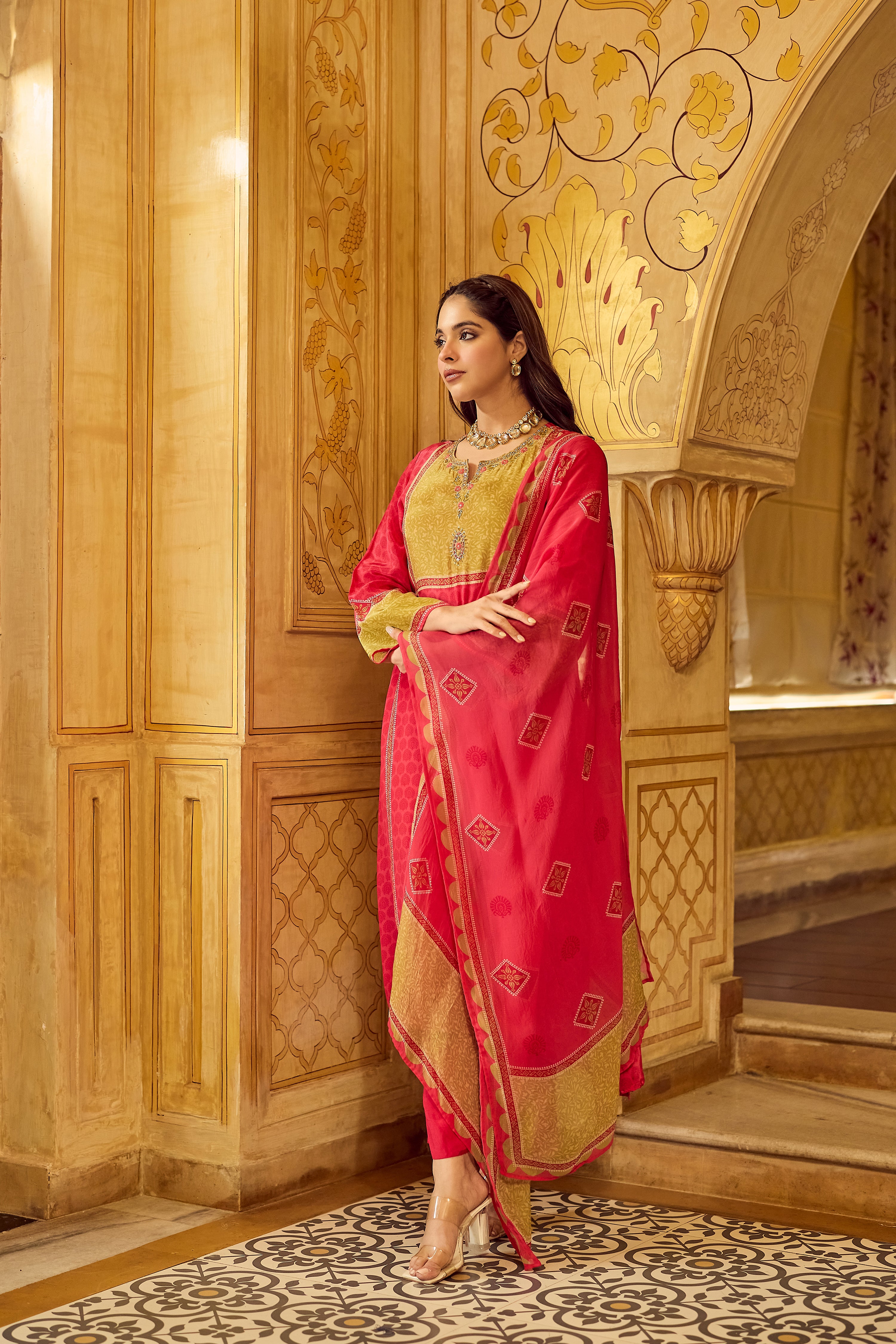 Crimson Mustard Glow Crepe Suit Set