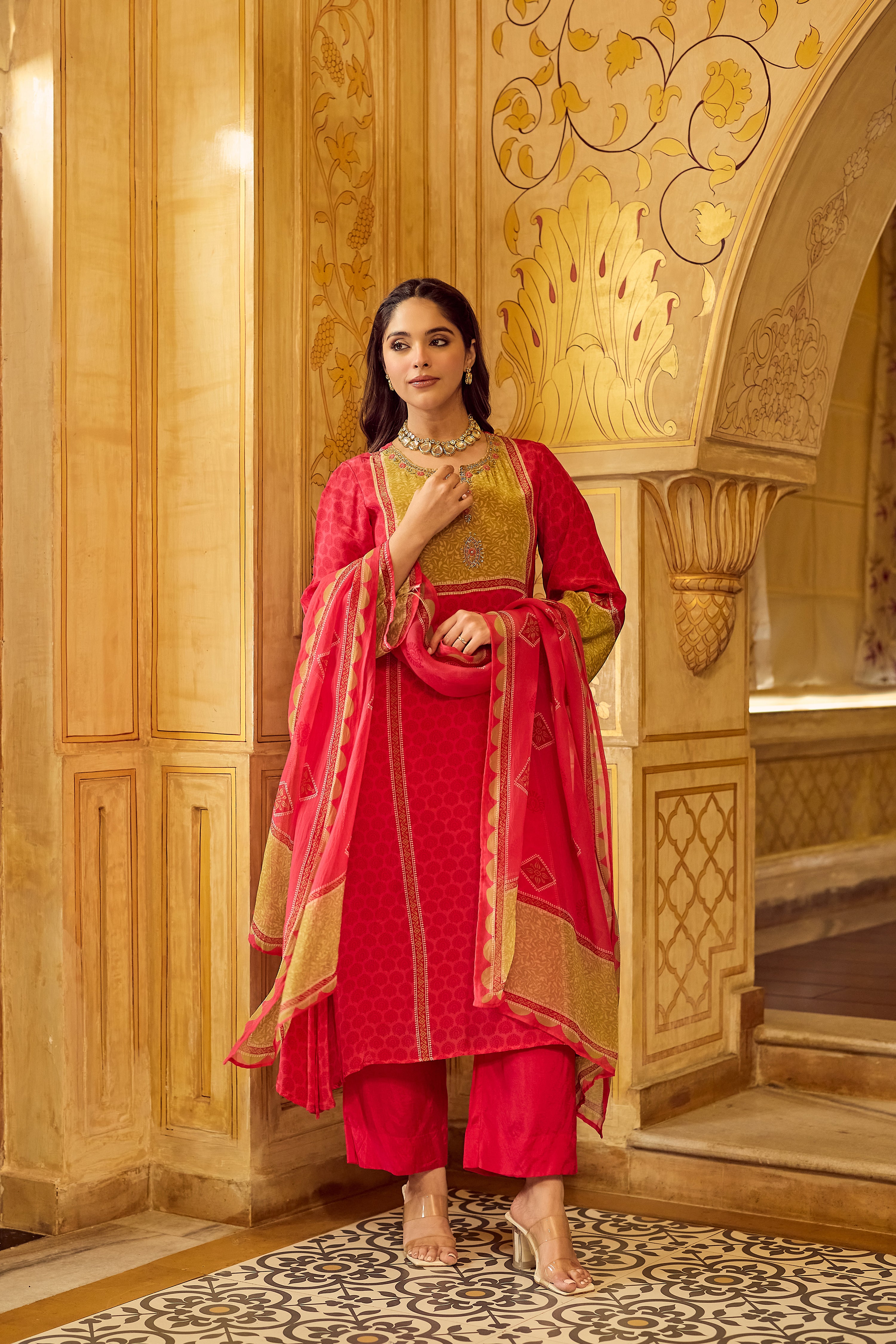 Crimson Mustard Glow Crepe Suit Set