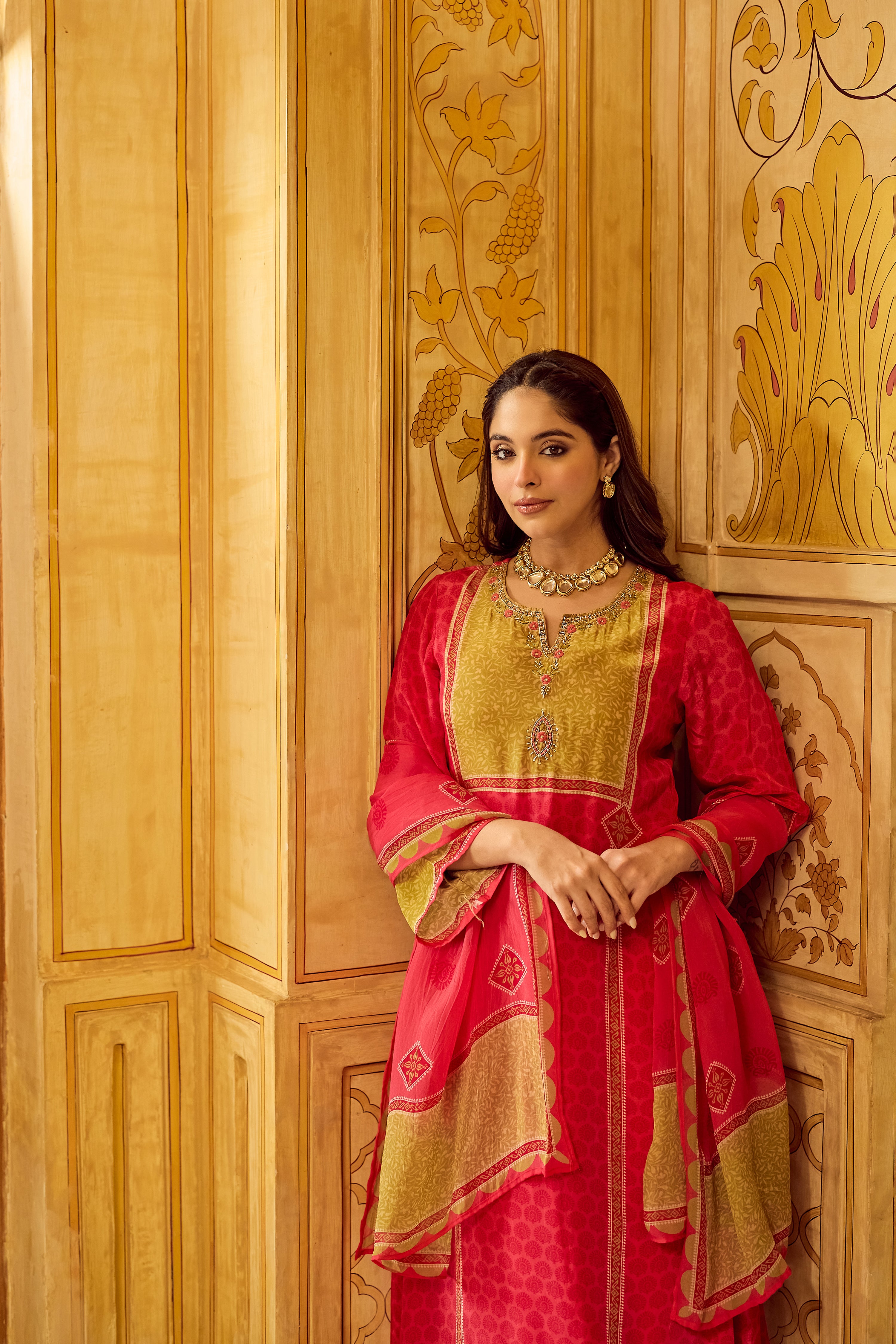 Crimson Mustard Glow Crepe Suit Set