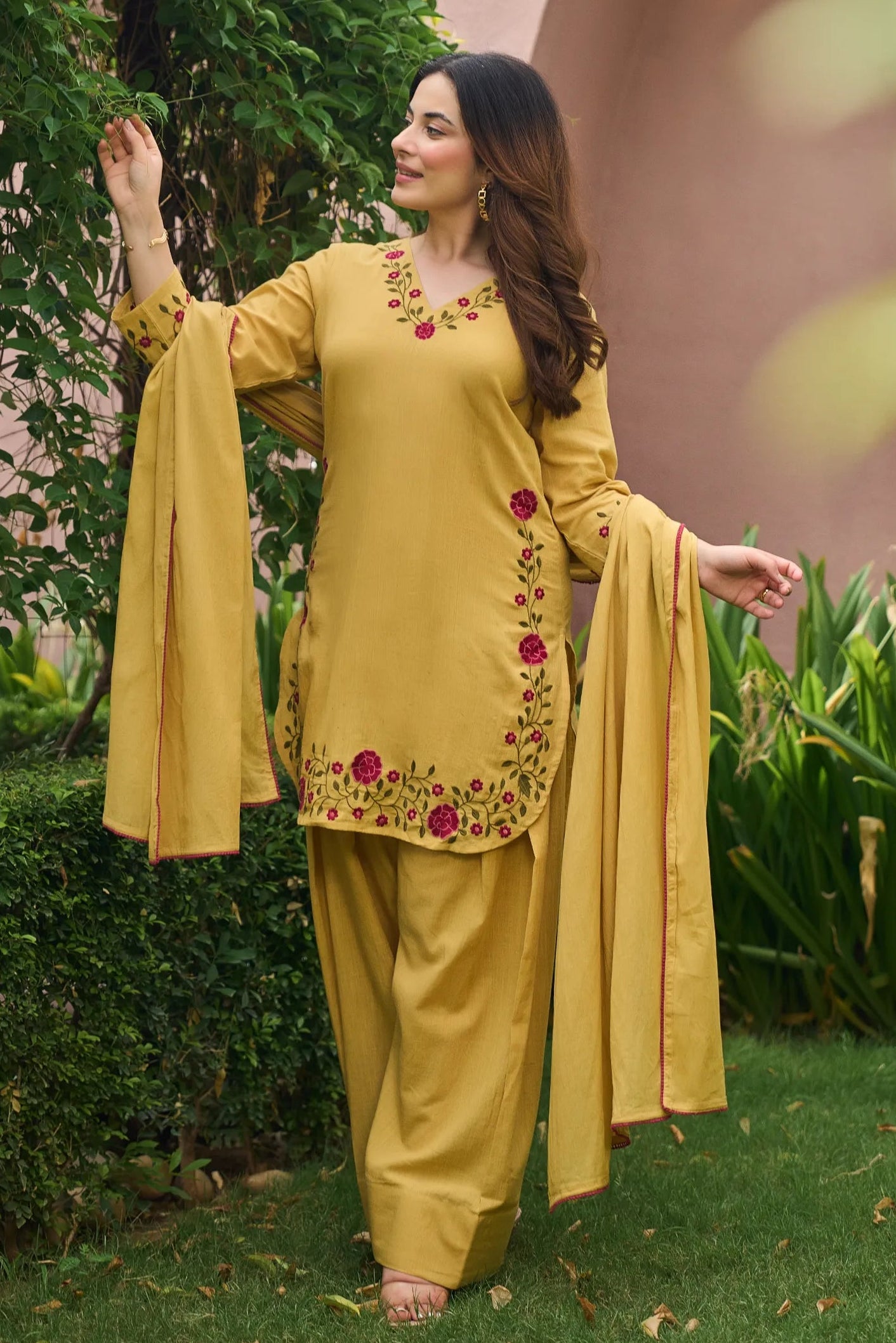 Mustard Floral Kurta Set