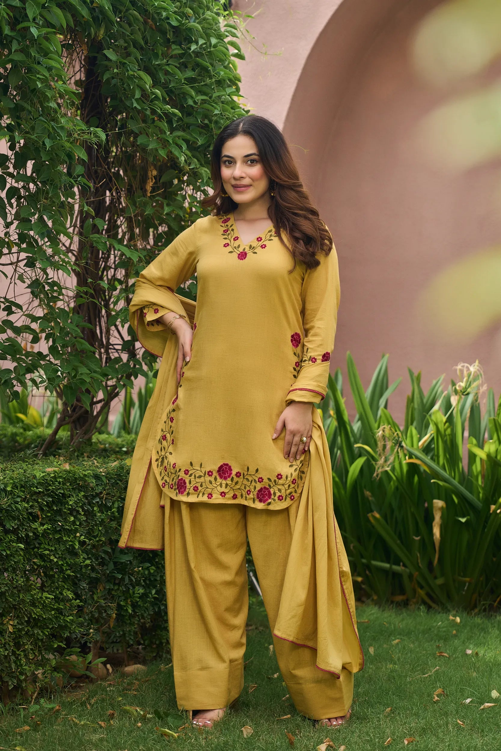 Mustard Floral Kurta Set