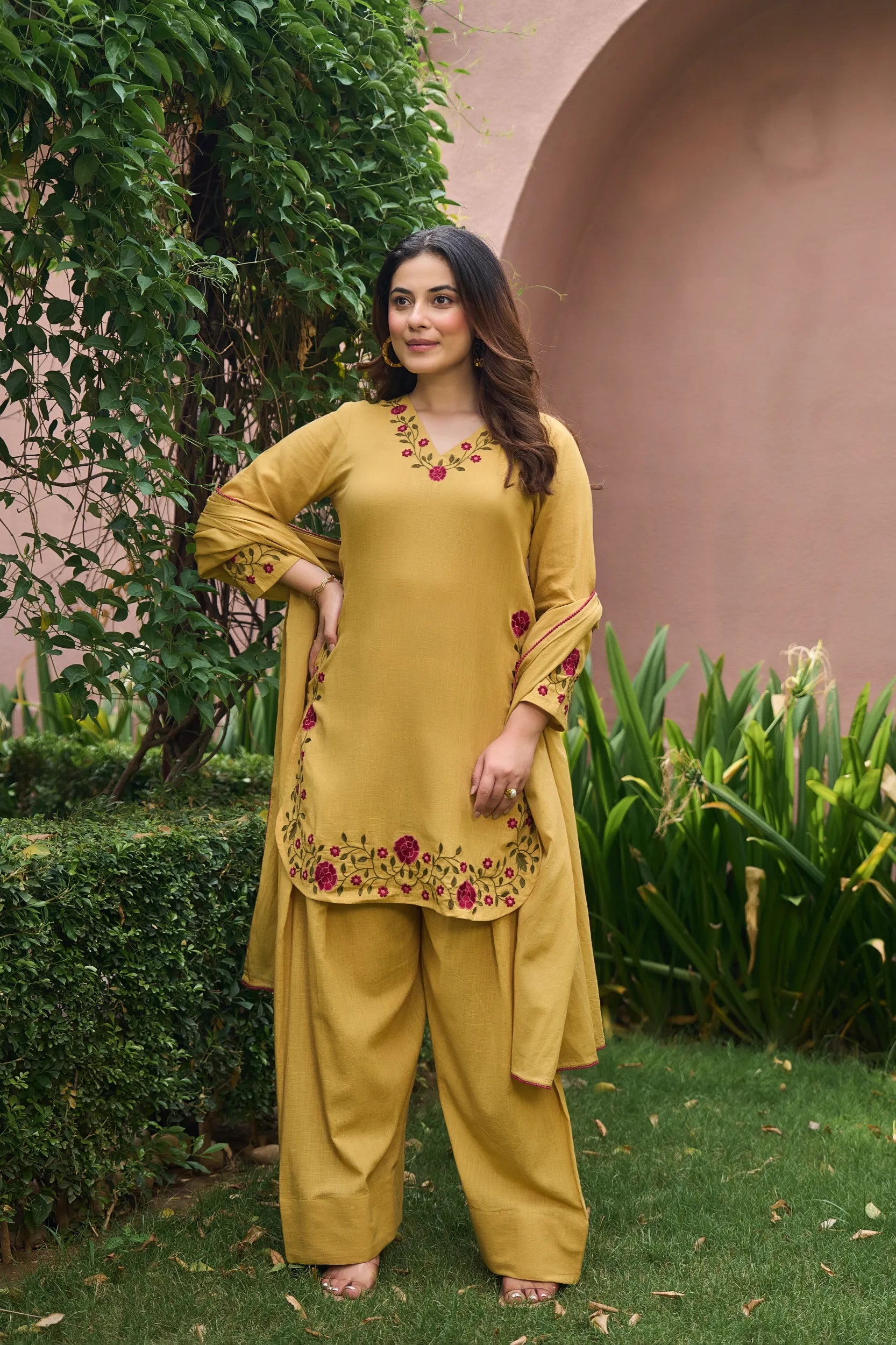 Mustard Floral Kurta Set