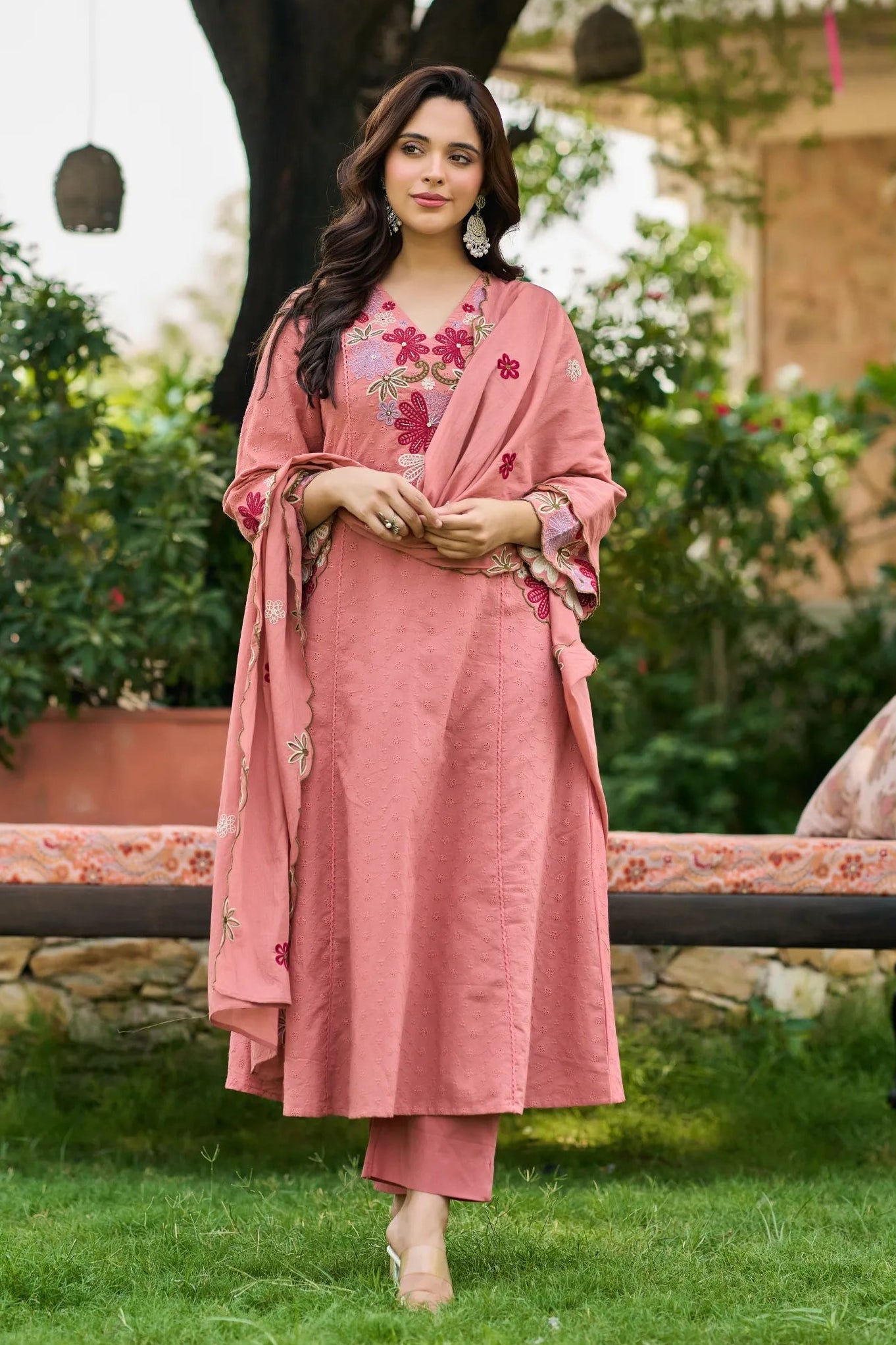 Pink Bloom Embroidered Set