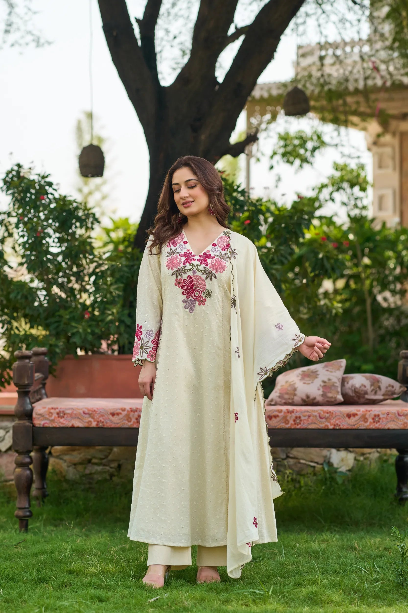 Ivory Petal Embroidered Kurta Set