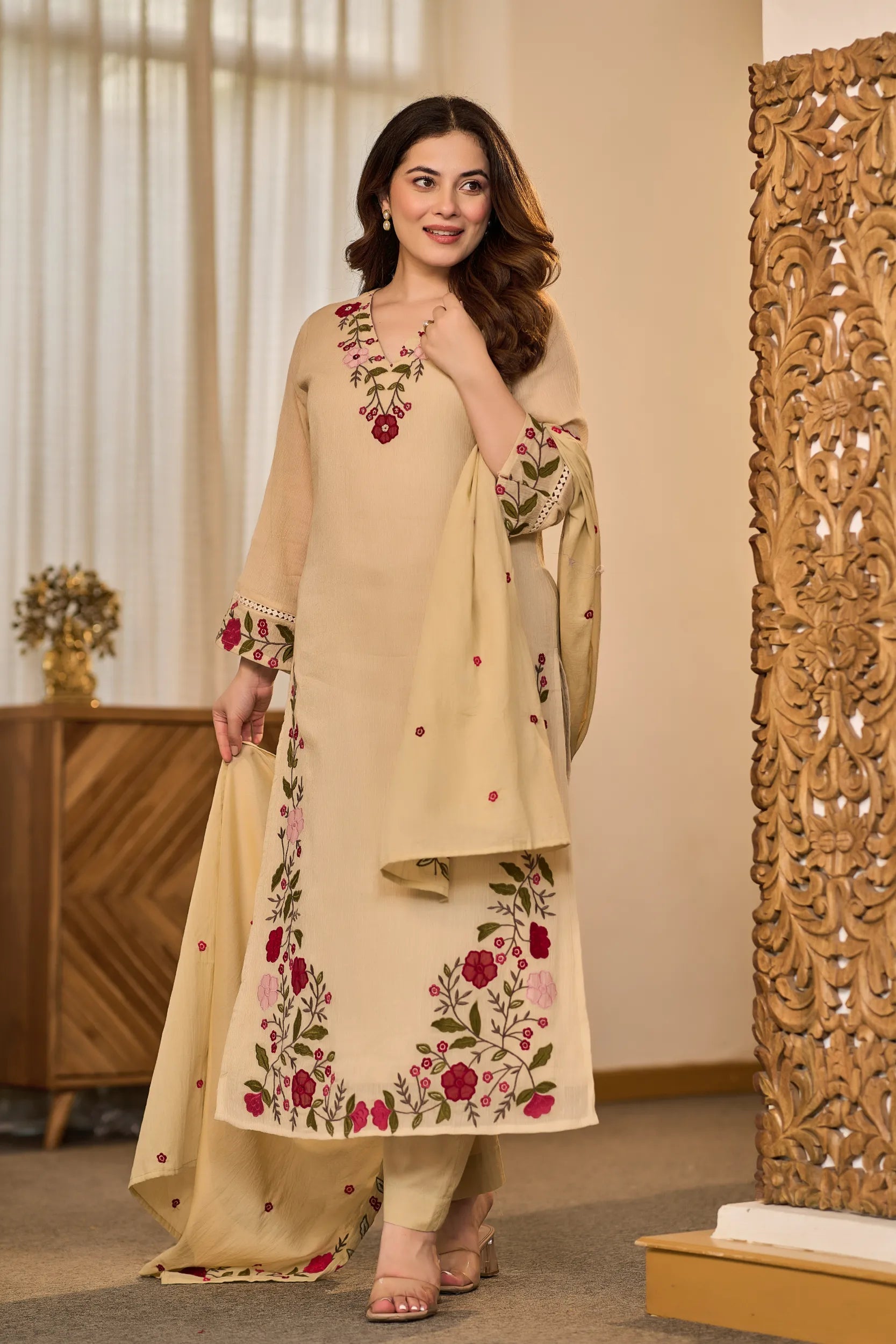 Sand Embroidered Suit Set