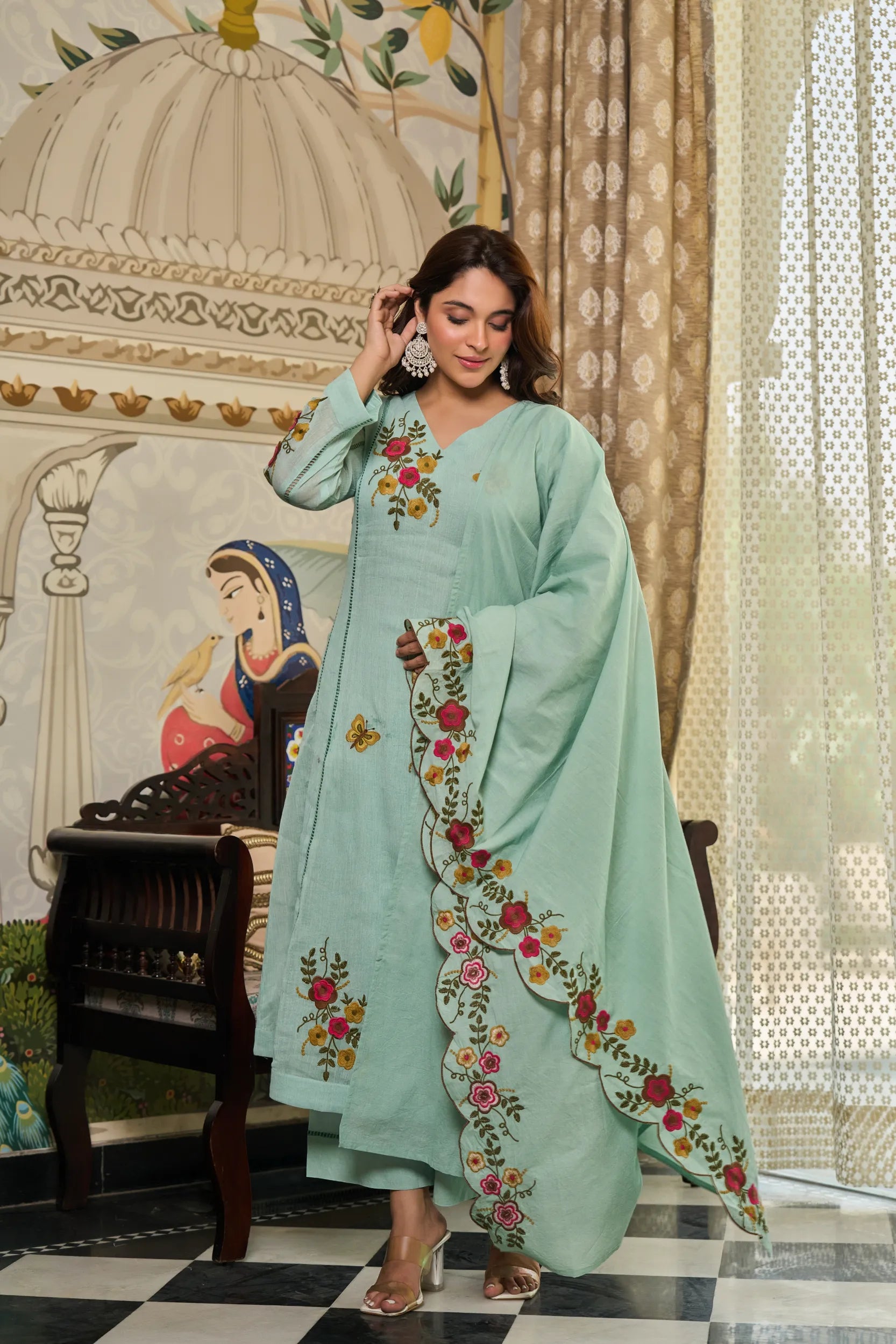 Mint Flora Embroidered Suit Set