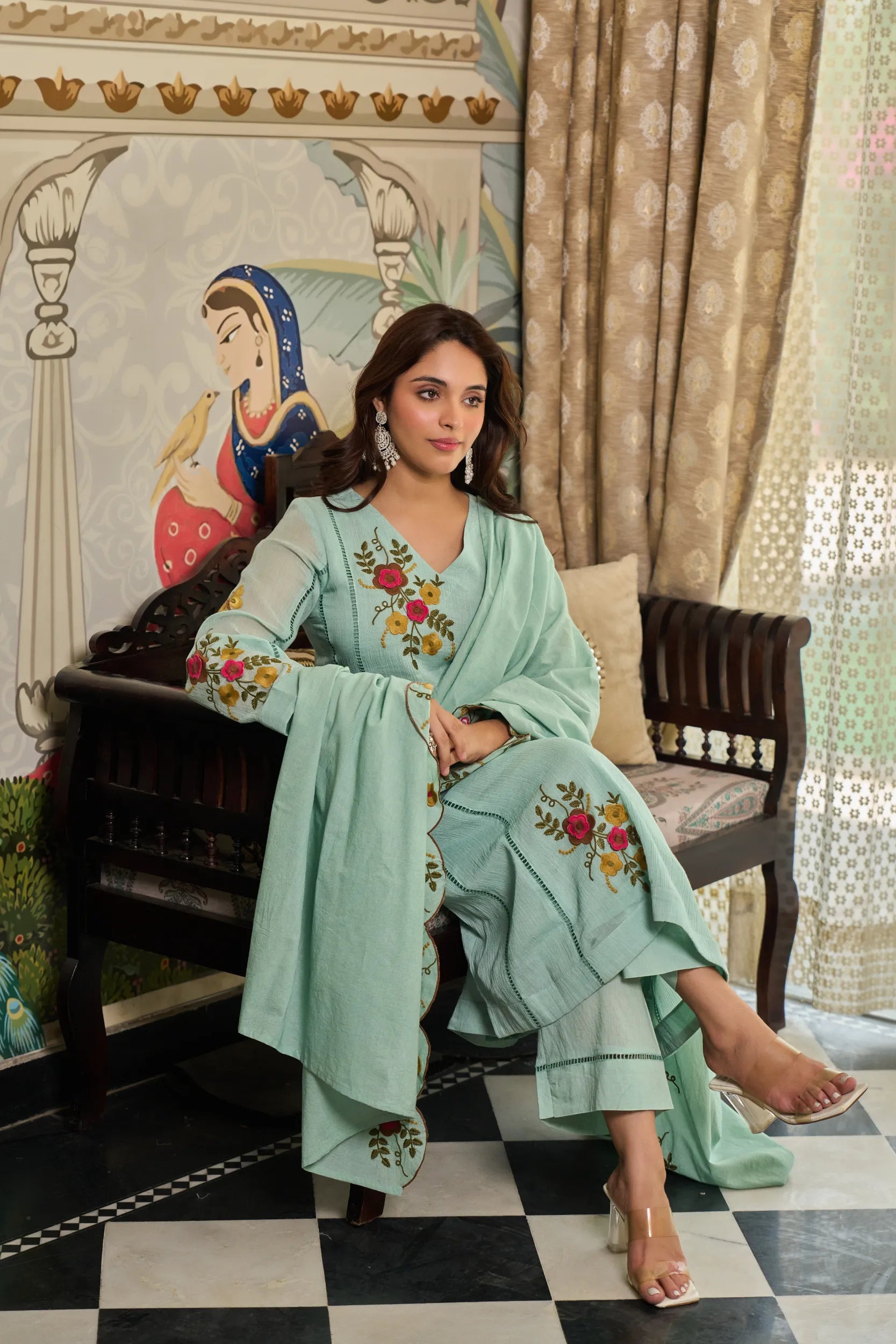 Mint Flora Embroidered Kurta Set