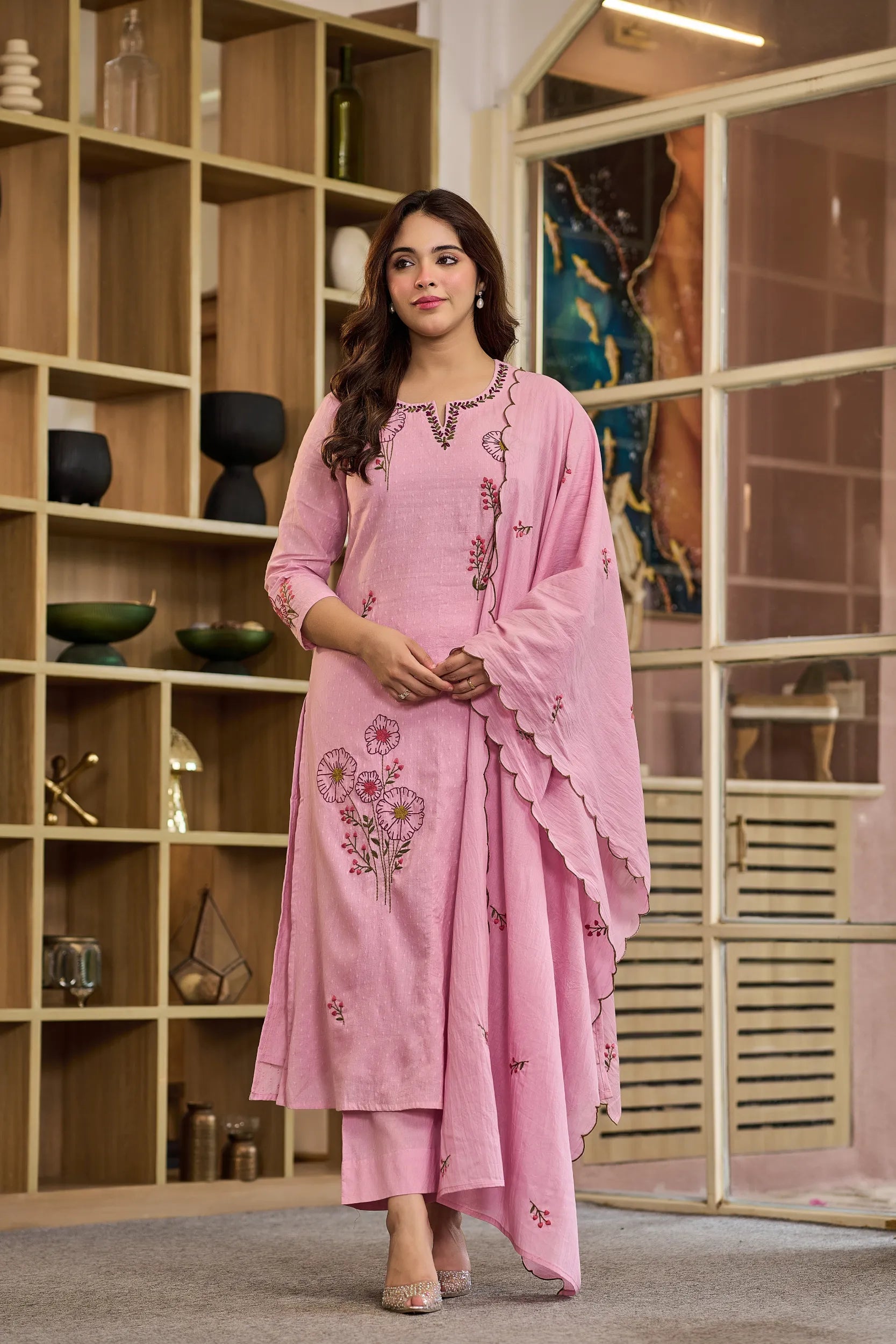Floral Pink Embroidered Kurta Set