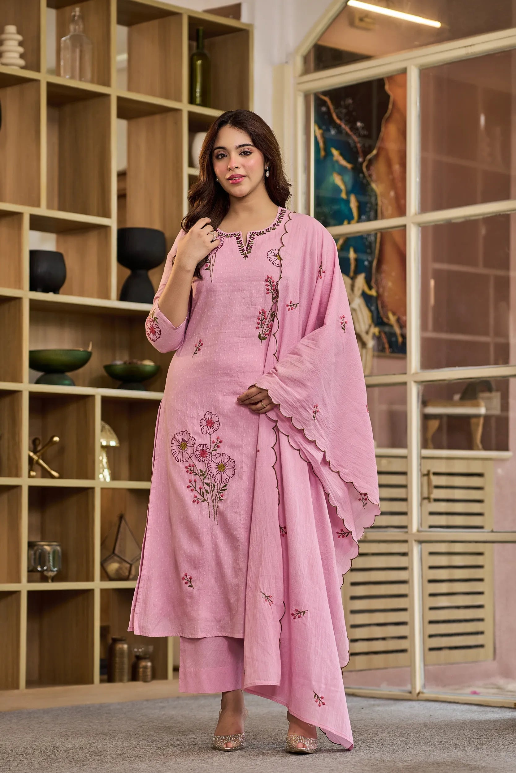 Floral Pink Embroidered Kurta Set