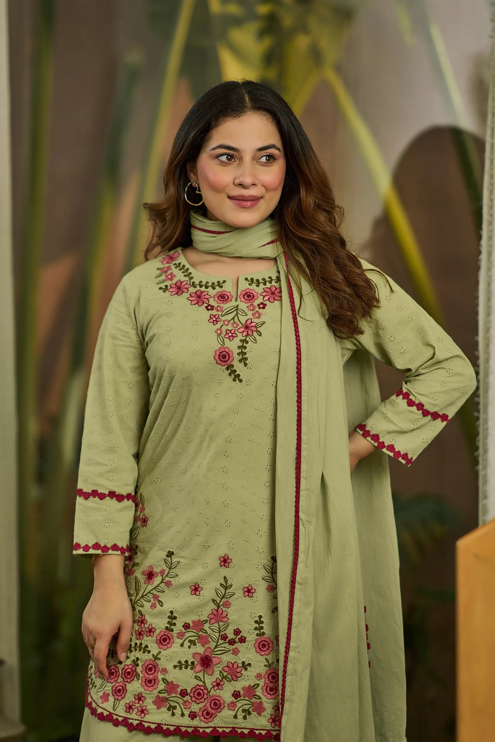 Olive Embroidered Kurta Set