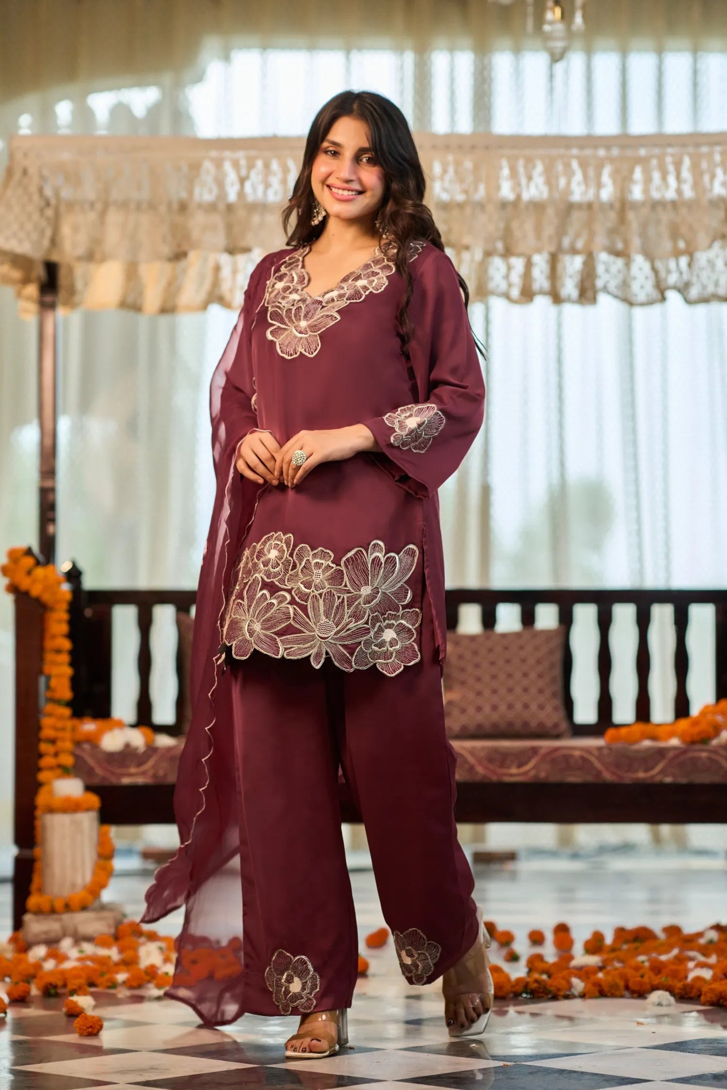 Wine Bloom Kurta Set