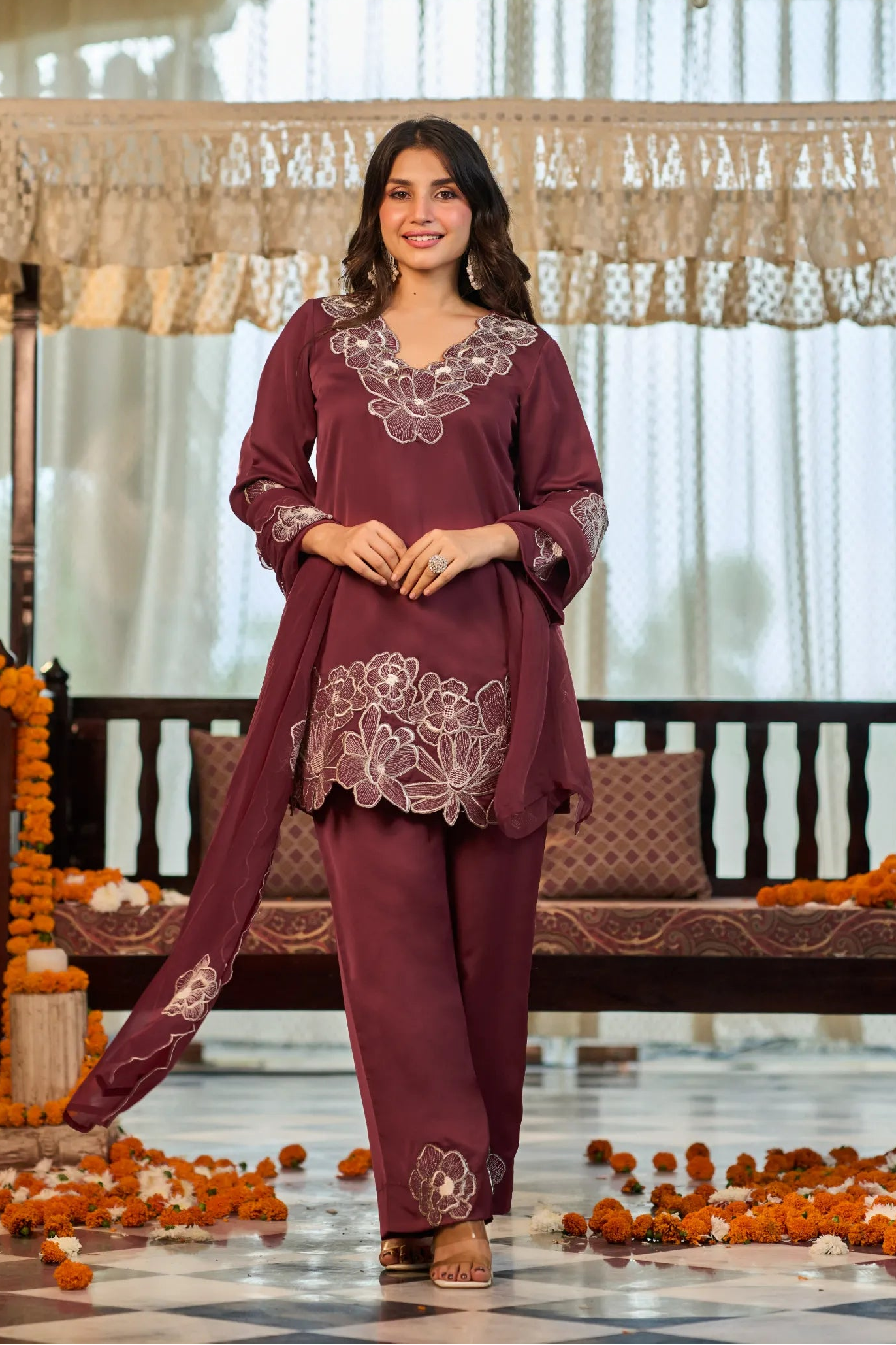 Wine Bloom Kurta Set