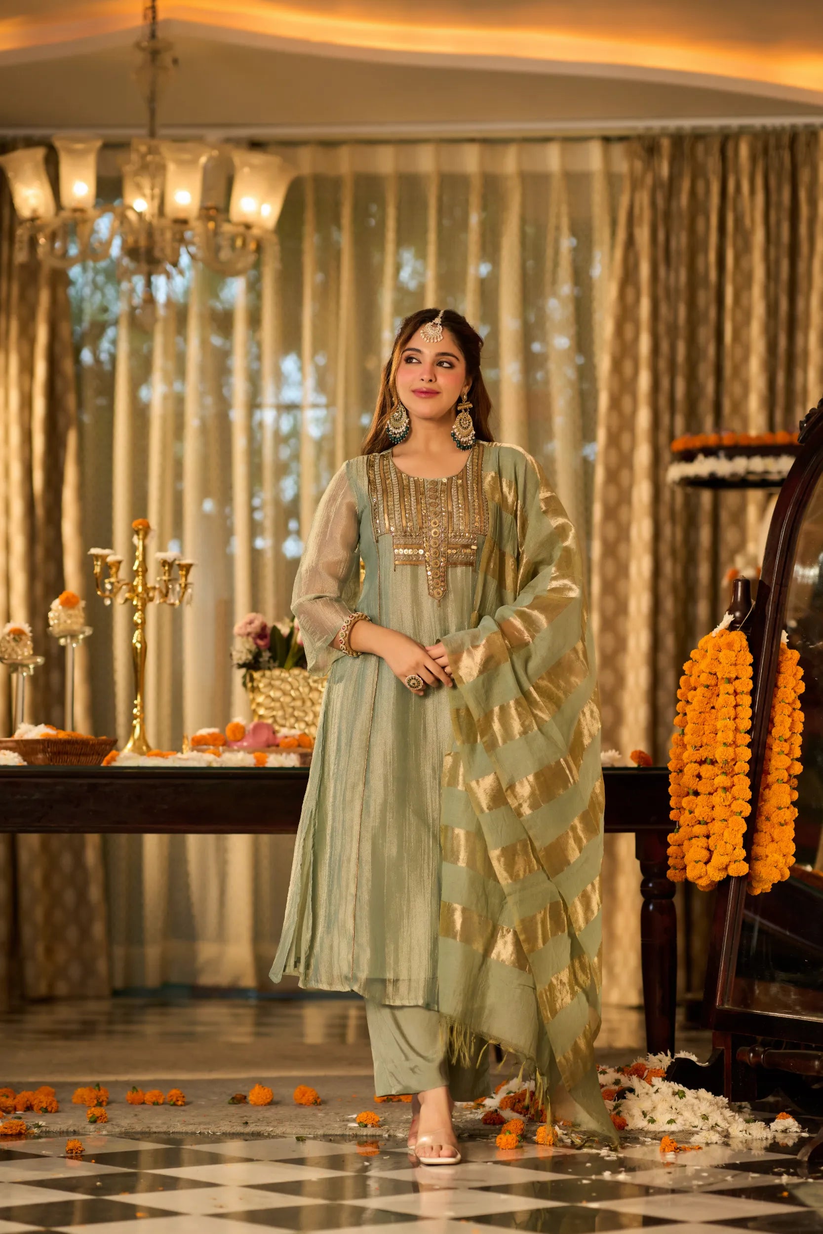 Mint Zari Festive Suit Set