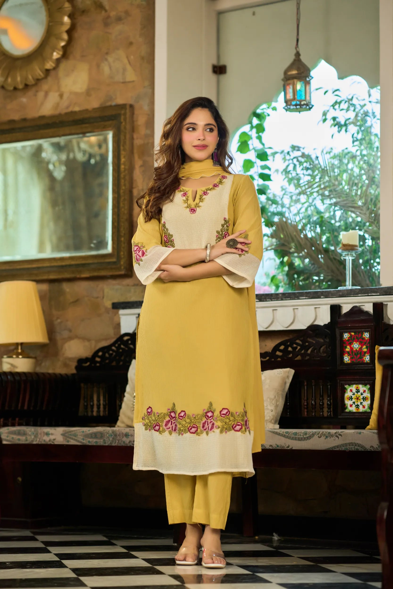 Mustard Embroidered Suit Set