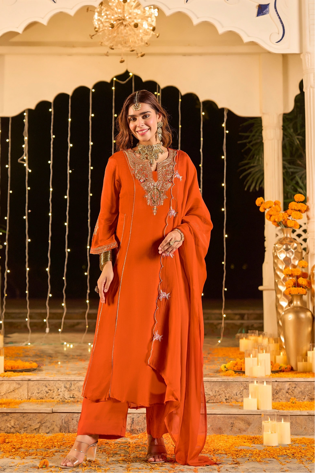 Rust Orange Embroidered Suit Set