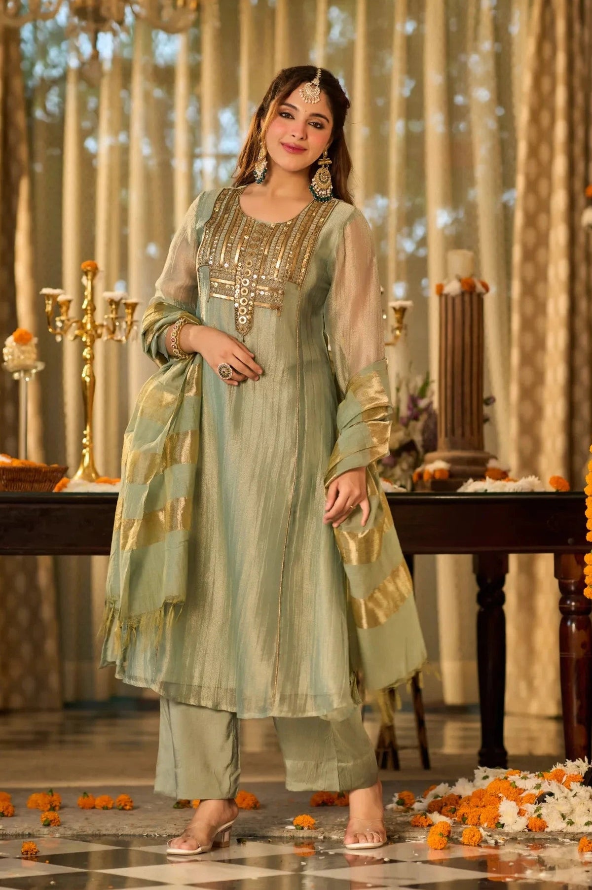 Mint Zari Festive Kurta Set