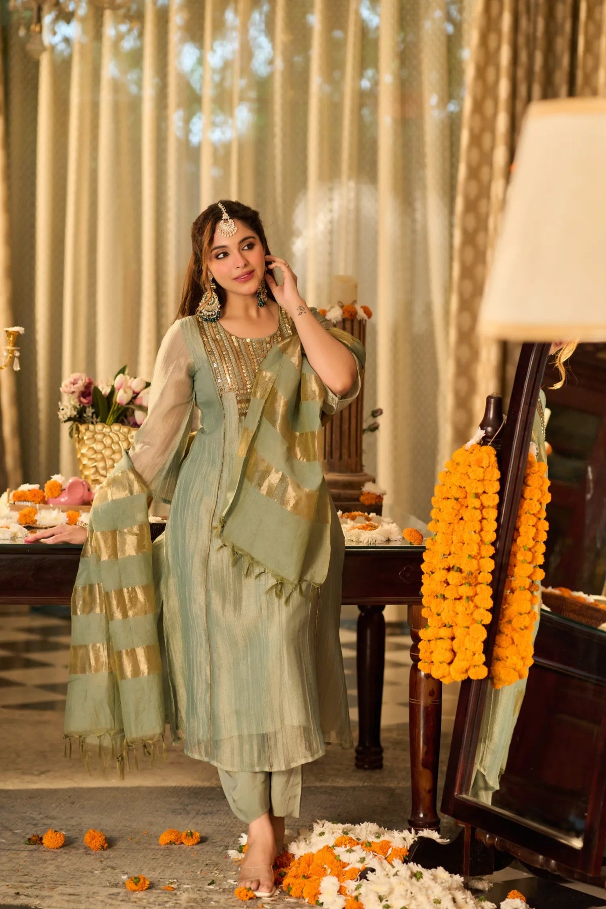Mint Zari Festive Kurta Set