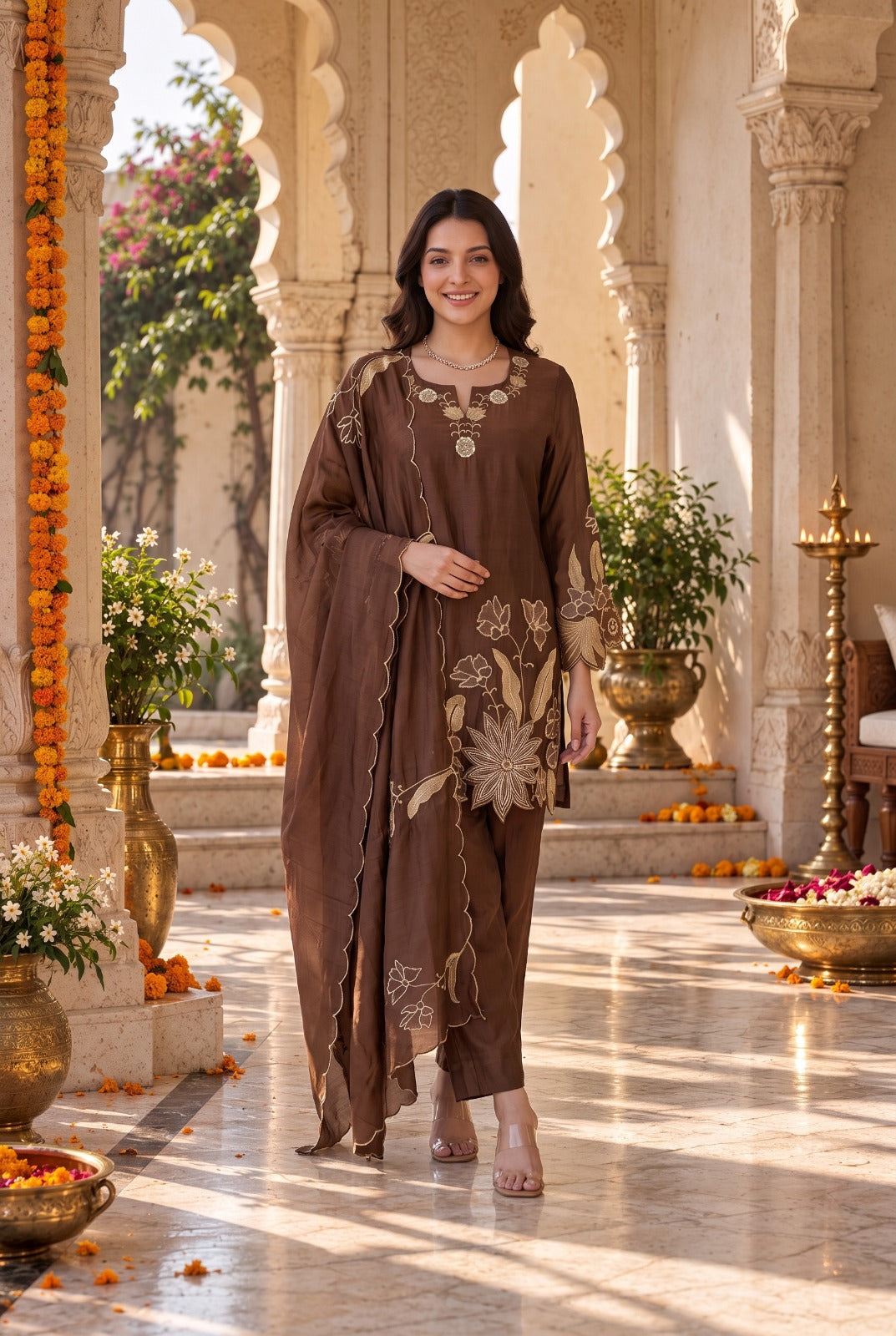 Mocha Bloom Kurta Set