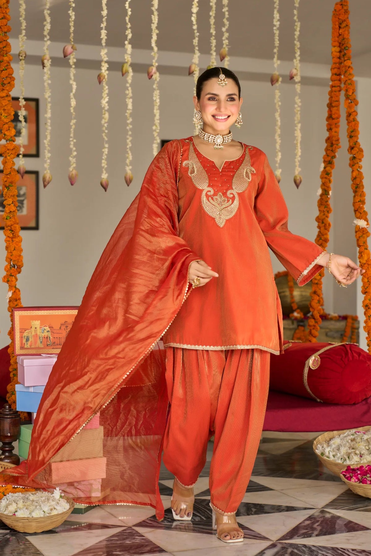 Coral Majesty Embroidered Suit Set