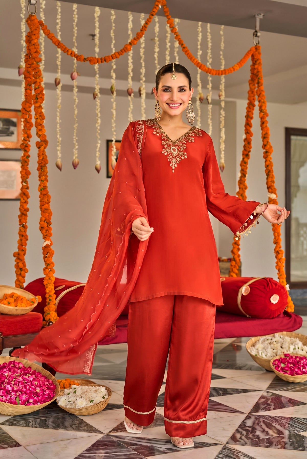 Burnt Orange Embroidered Suit Set