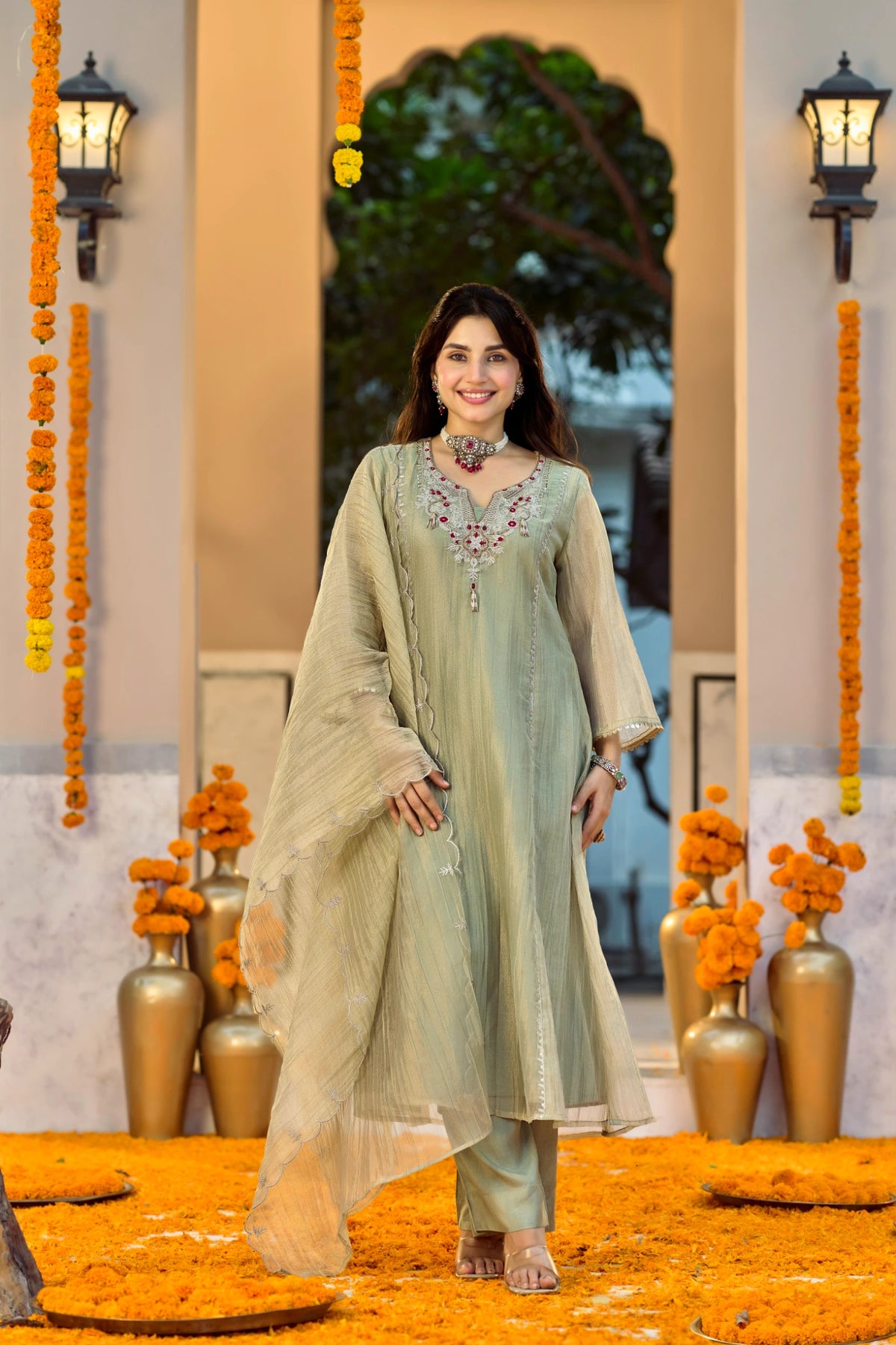 Soft Olive Embroidered Suit Set