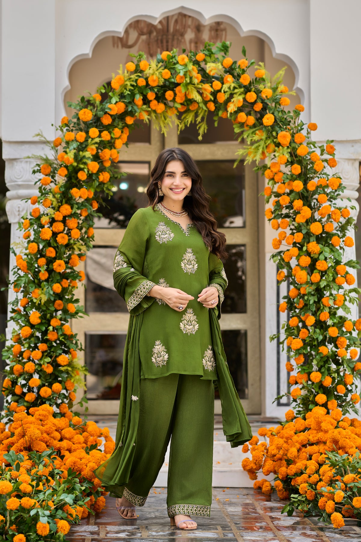Olive Bloom Embroidered Kurta Set