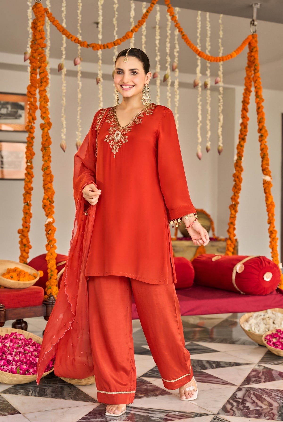 Burnt Orange Embroidered Suit Set