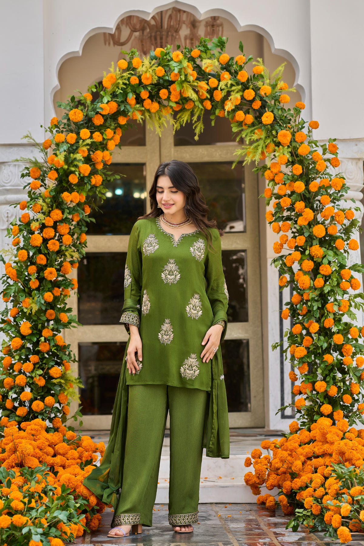 Olive Bloom Embroidered Kurta Set