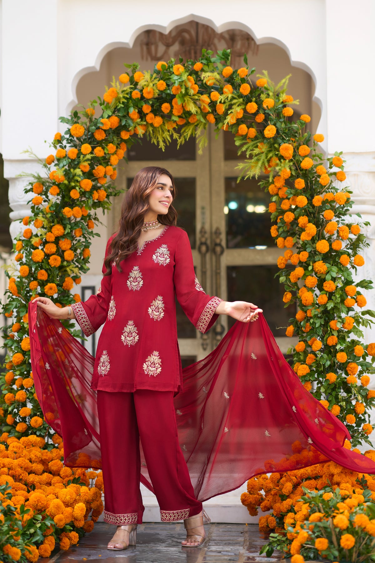 Crimson Bloom Embroidered Suit Set
