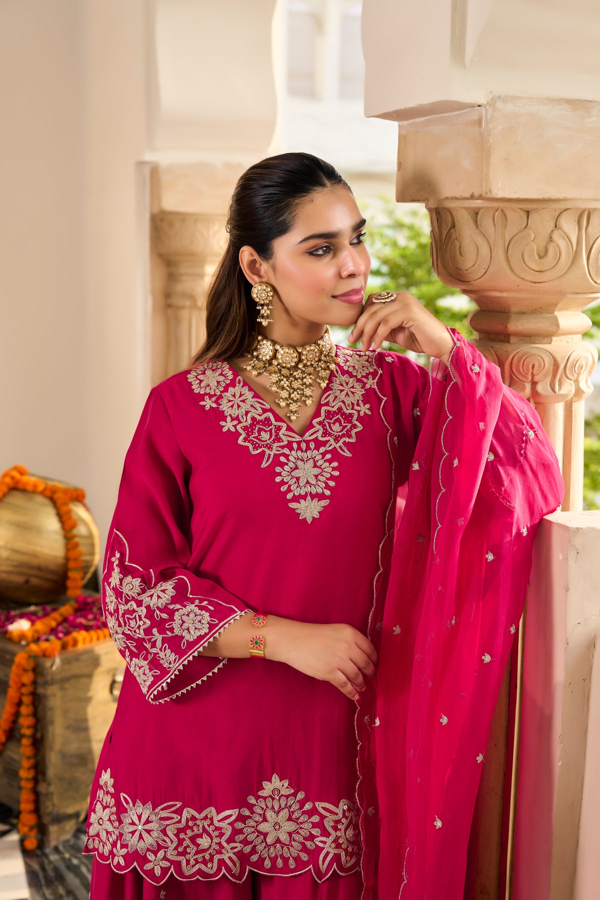 Fuchsia Pink Embroidered Suit Set