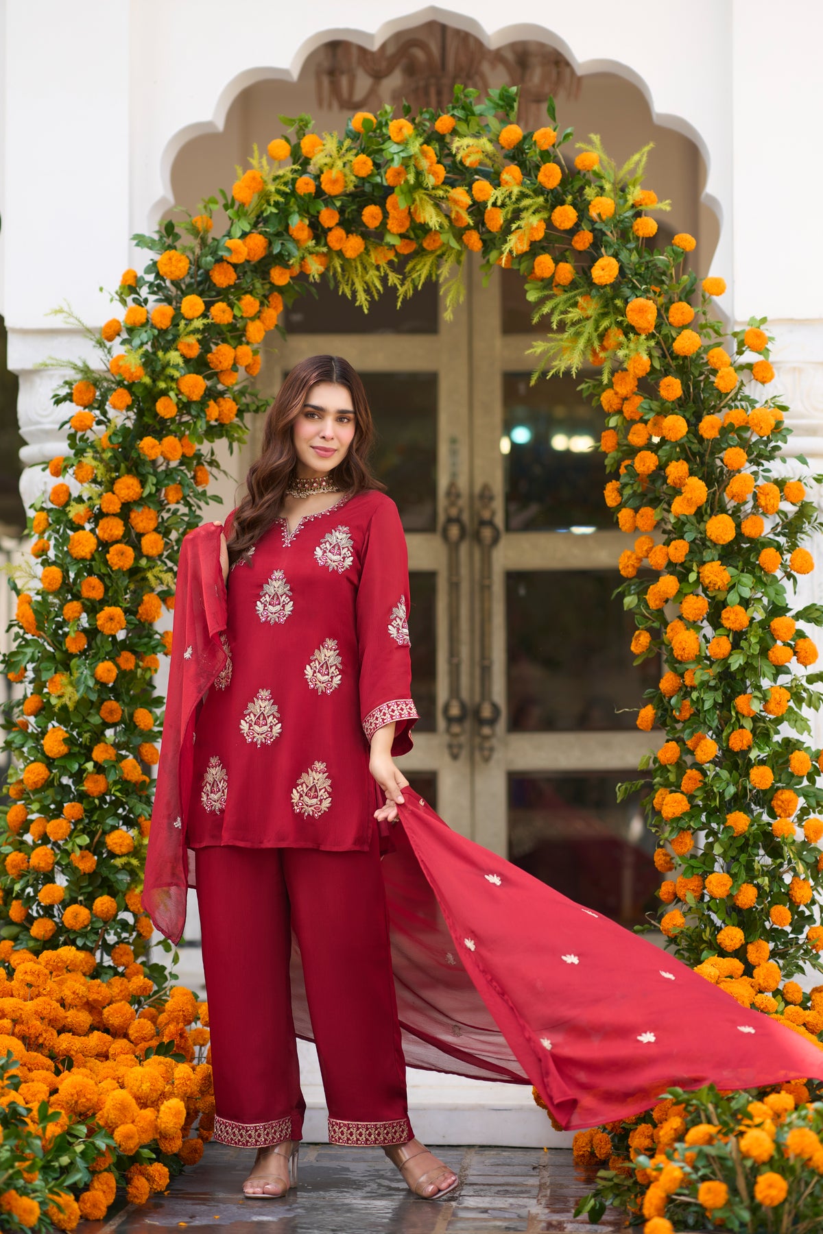 Crimson Bloom Embroidered Suit Set