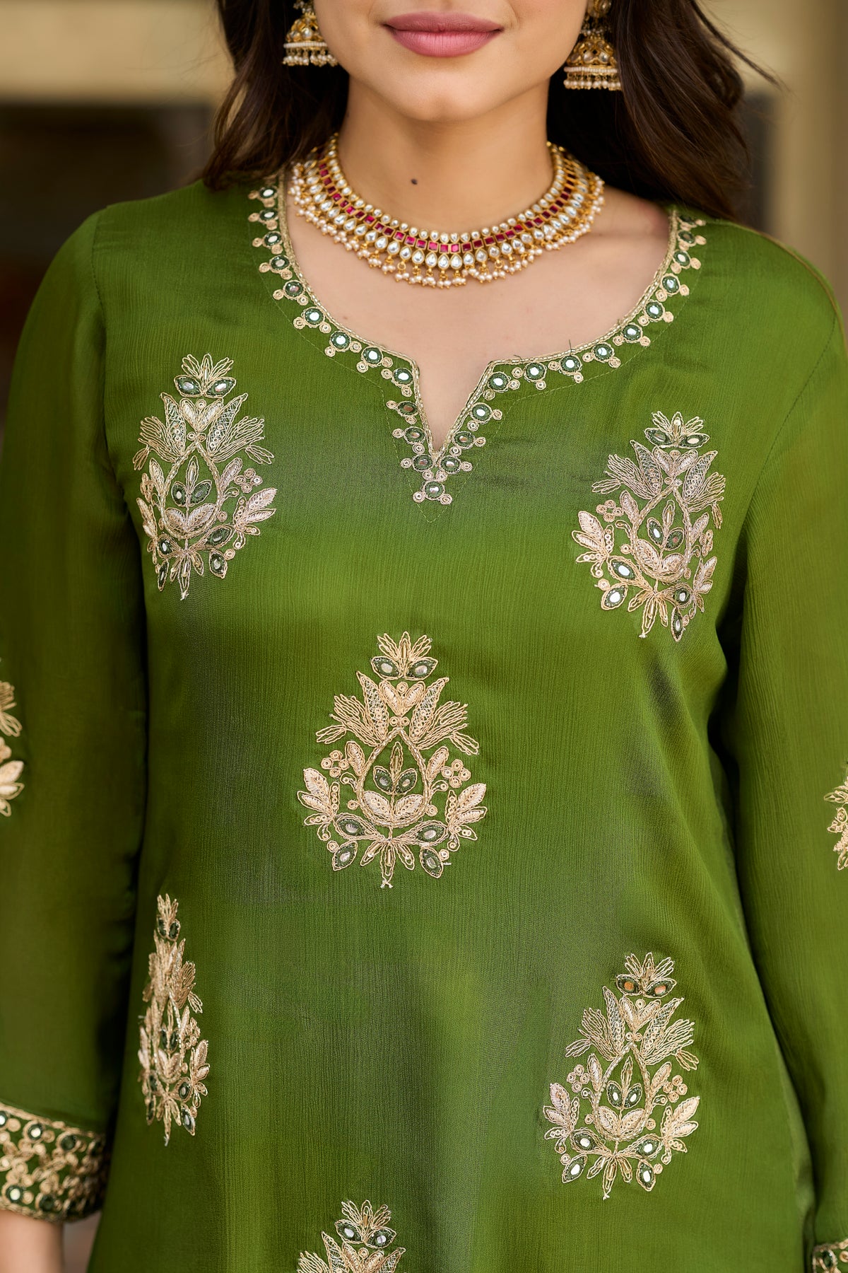Olive Bloom Embroidered Kurta Set