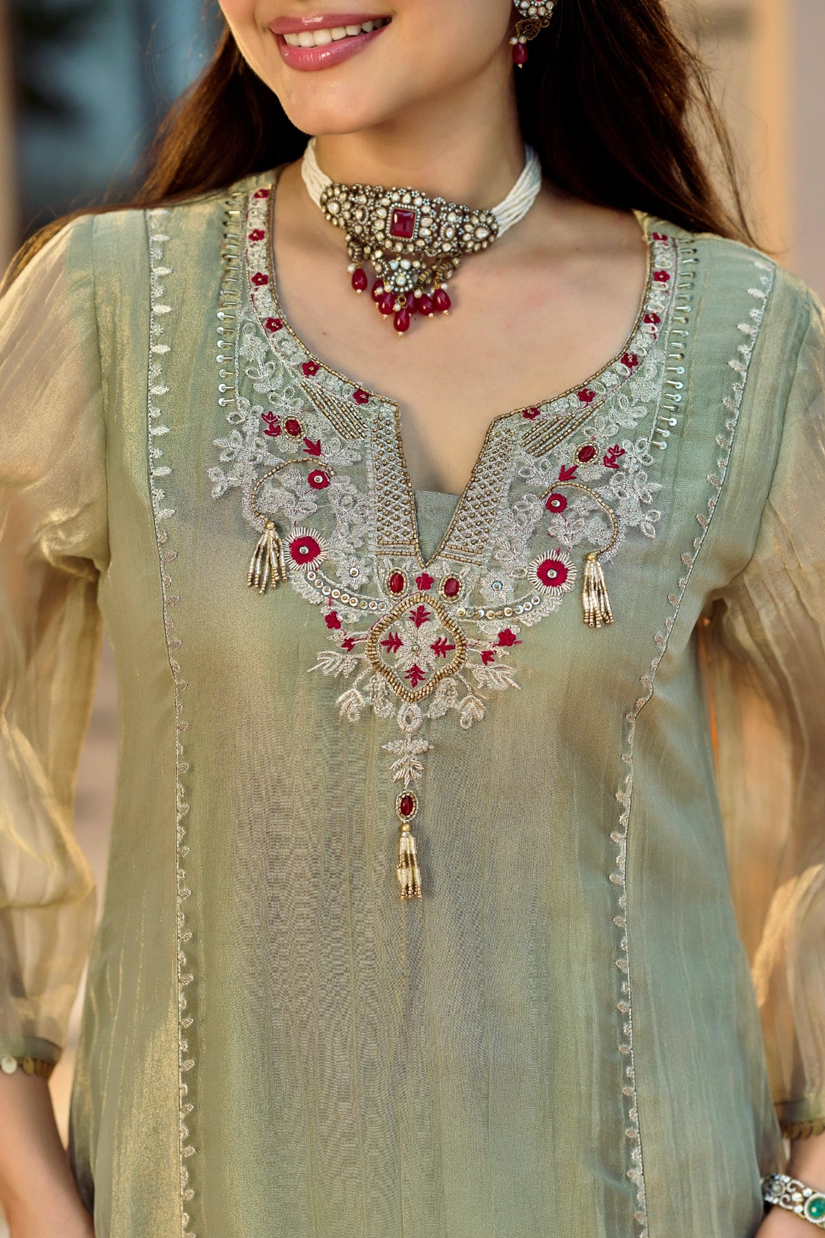 Soft Olive Embroidered Suit Set