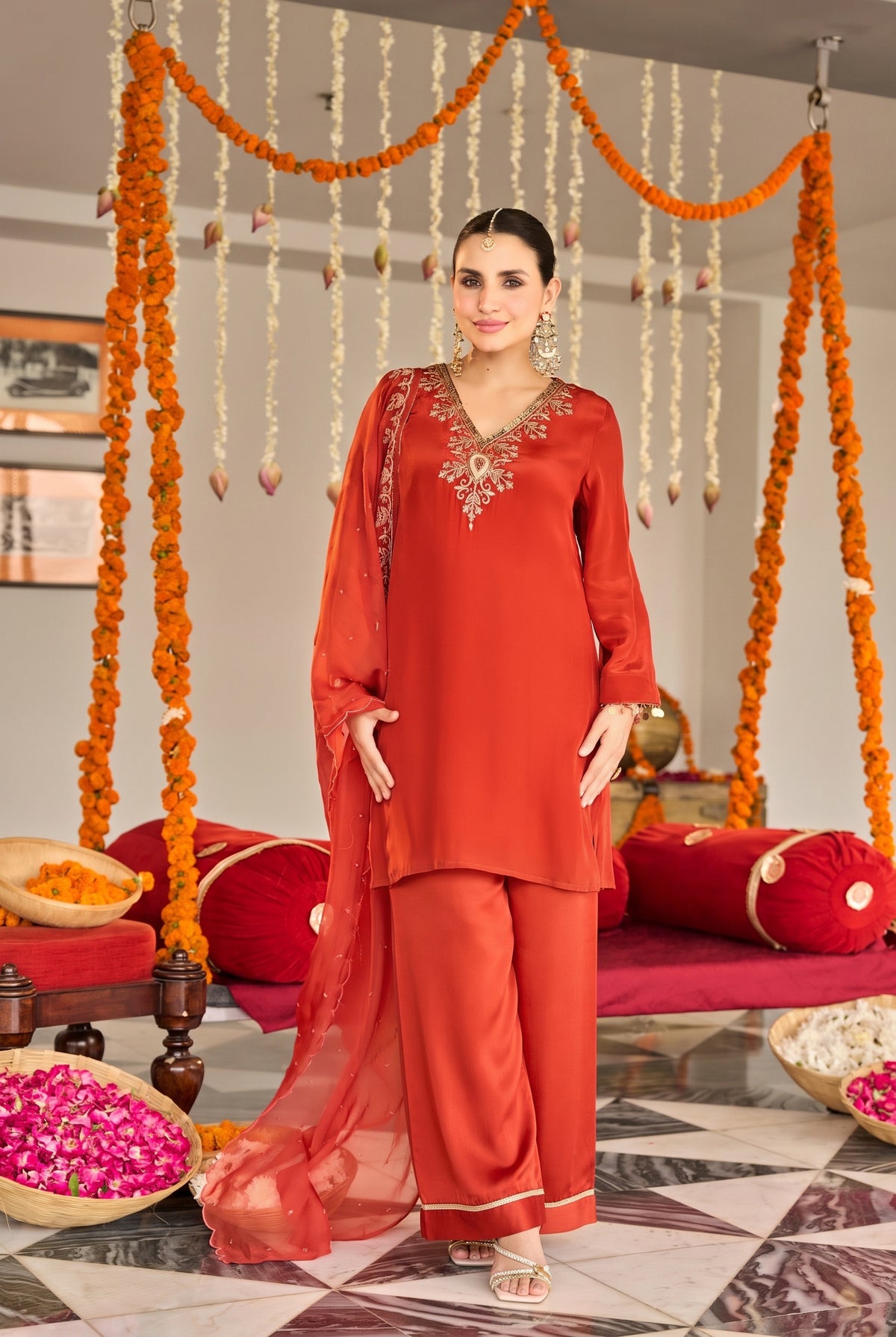 Burnt Orange Embroidered Suit Set