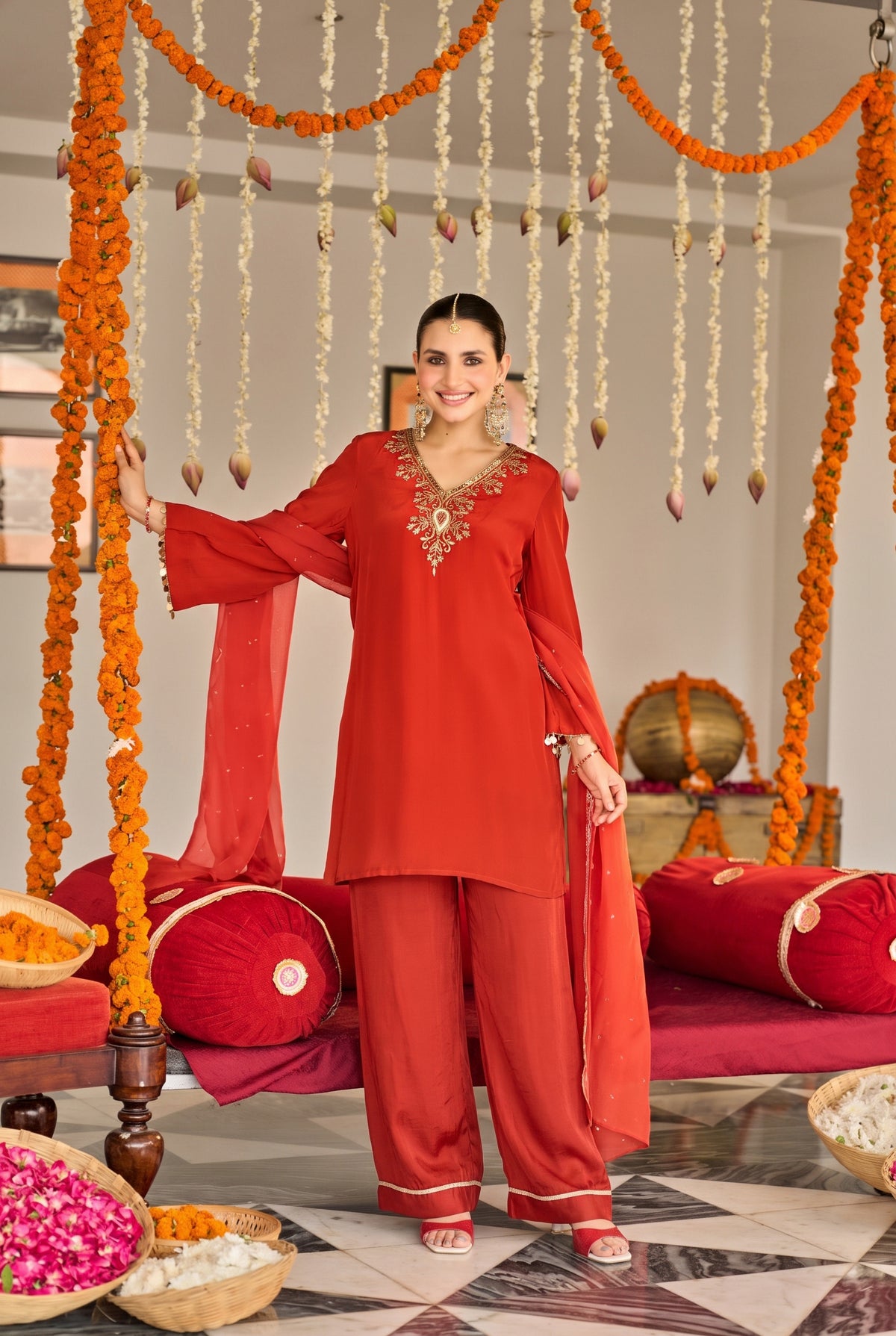 Burnt Orange Embroidered Suit Set