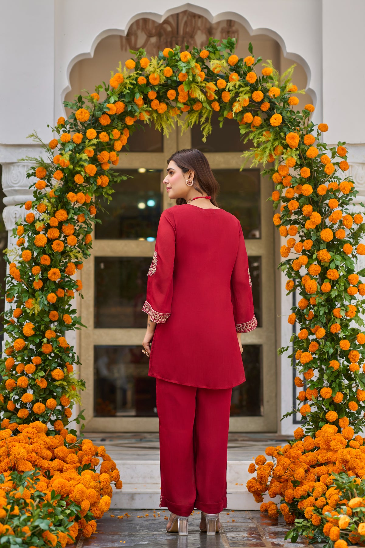 Crimson Bloom Embroidered Suit Set