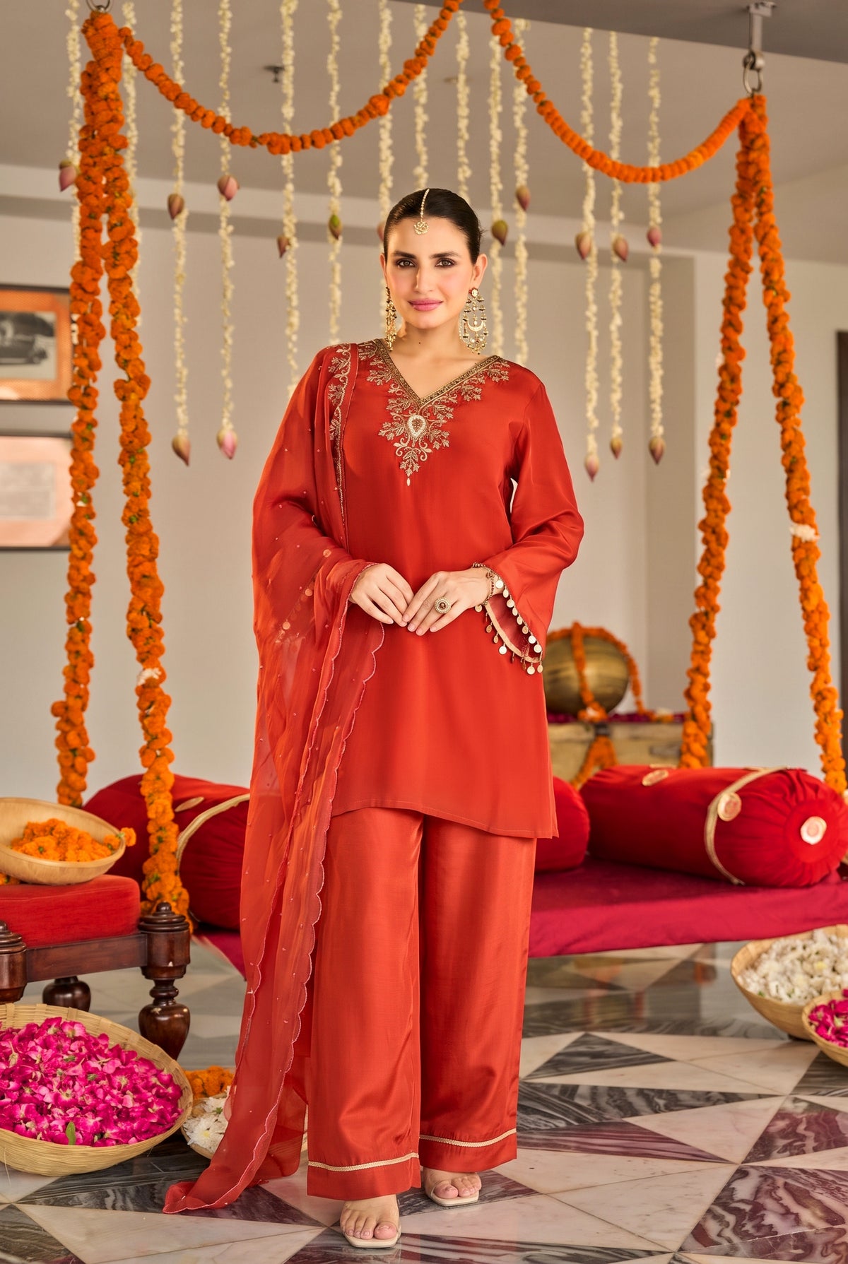 Burnt Orange Embroidered Suit Set
