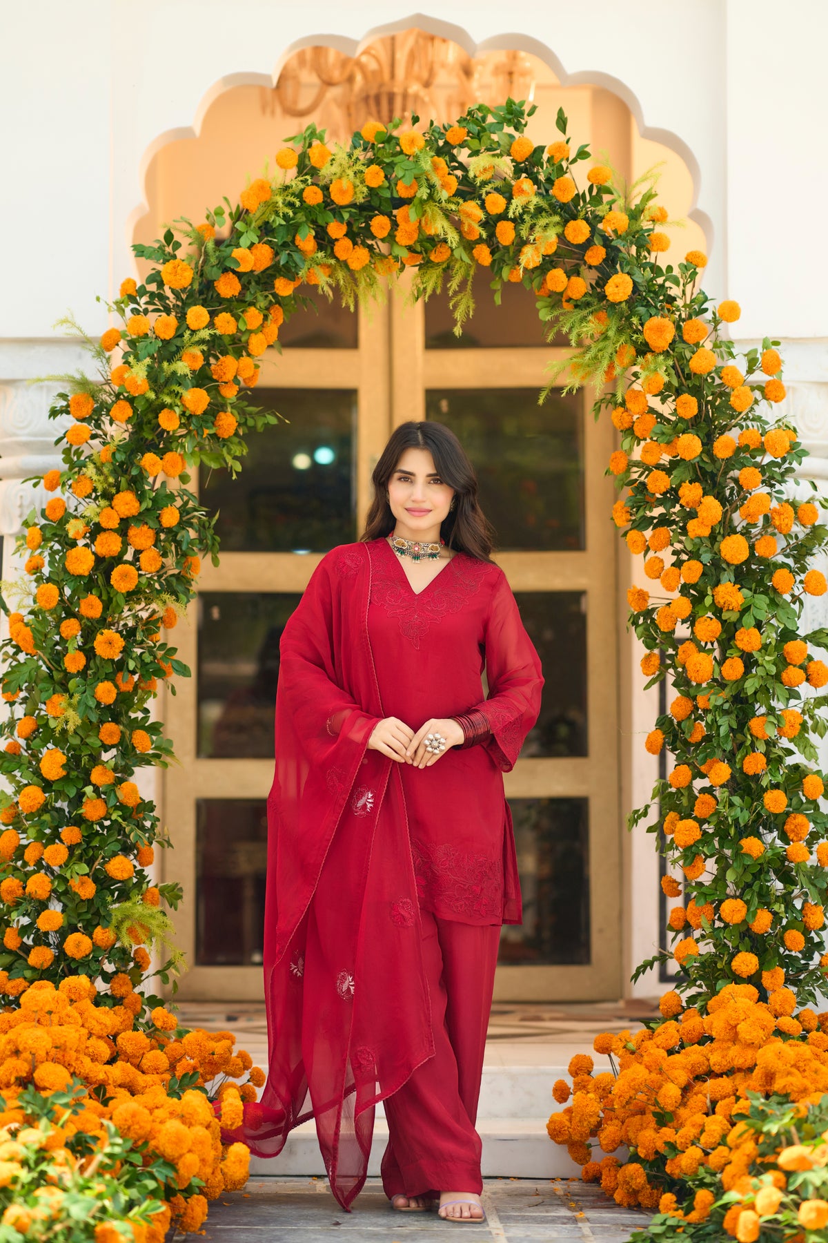 Crimson Red Embroidered Suit Set