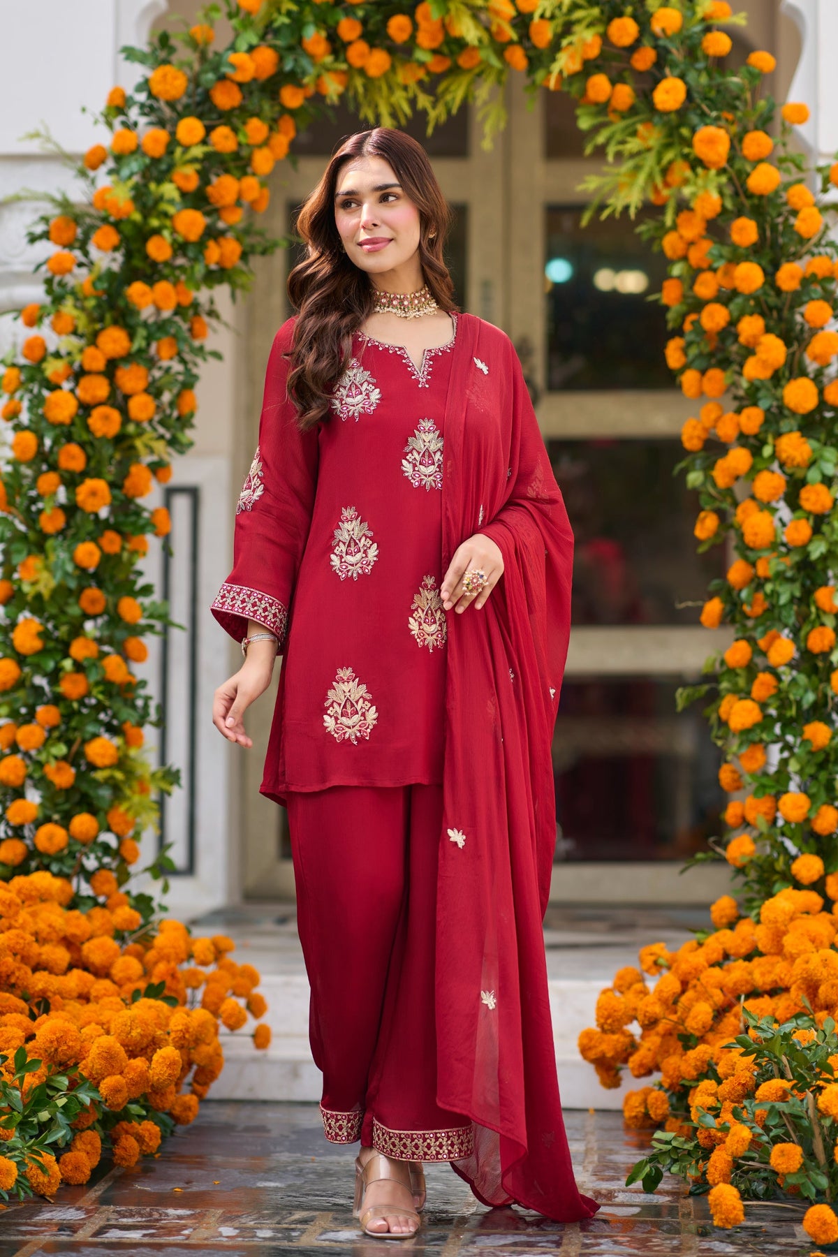 Crimson Bloom Embroidered Suit Set