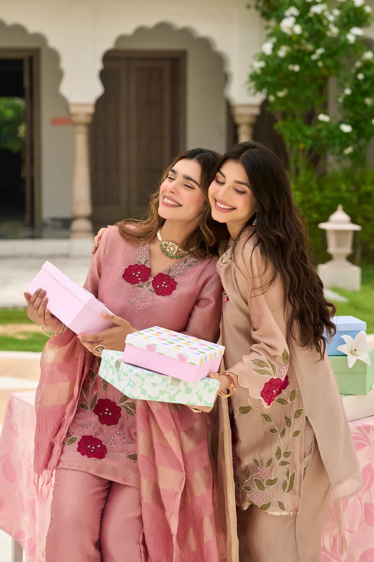 Beige Blossom Embroidered Suit Set