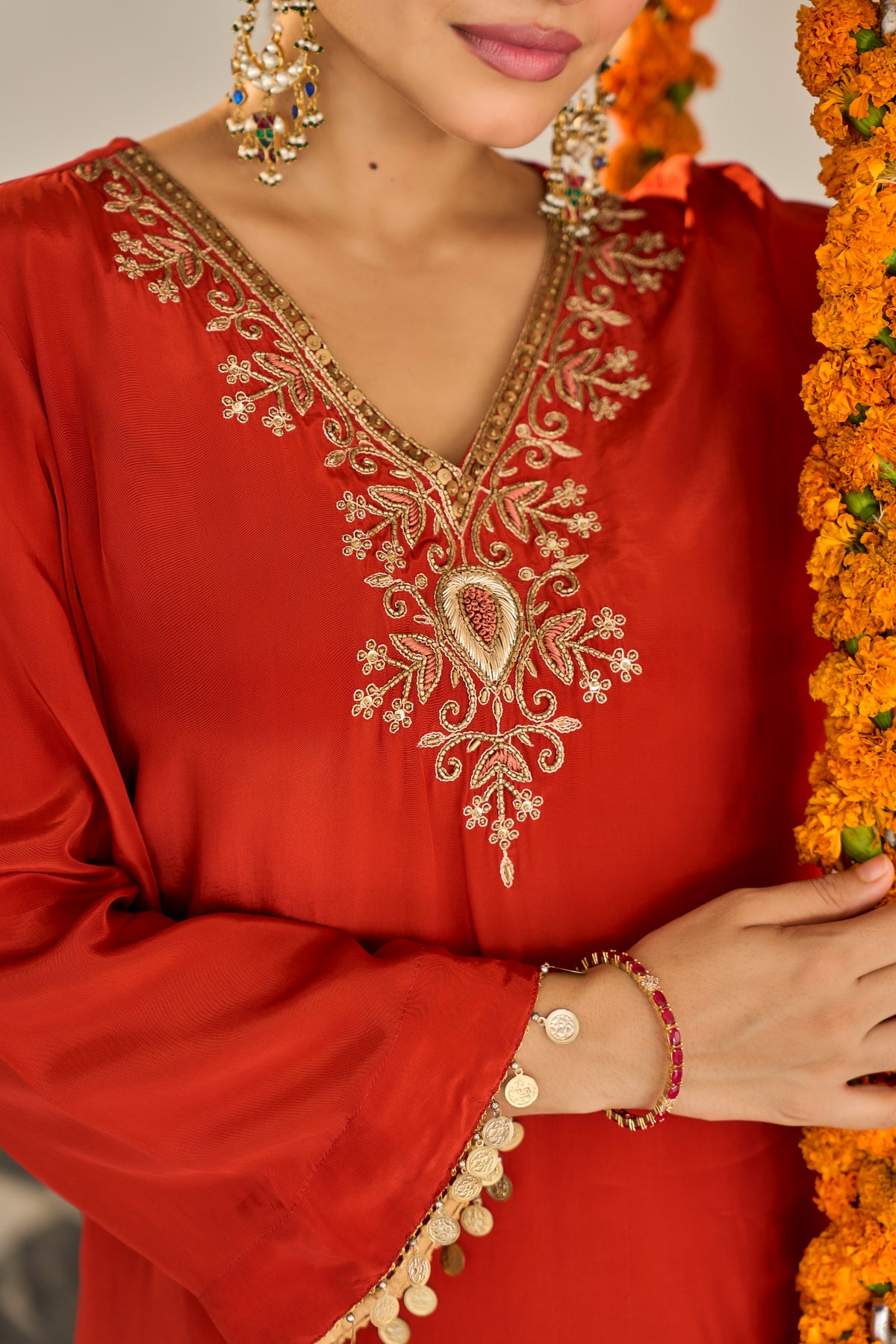 Burnt Orange Embroidered Suit Set