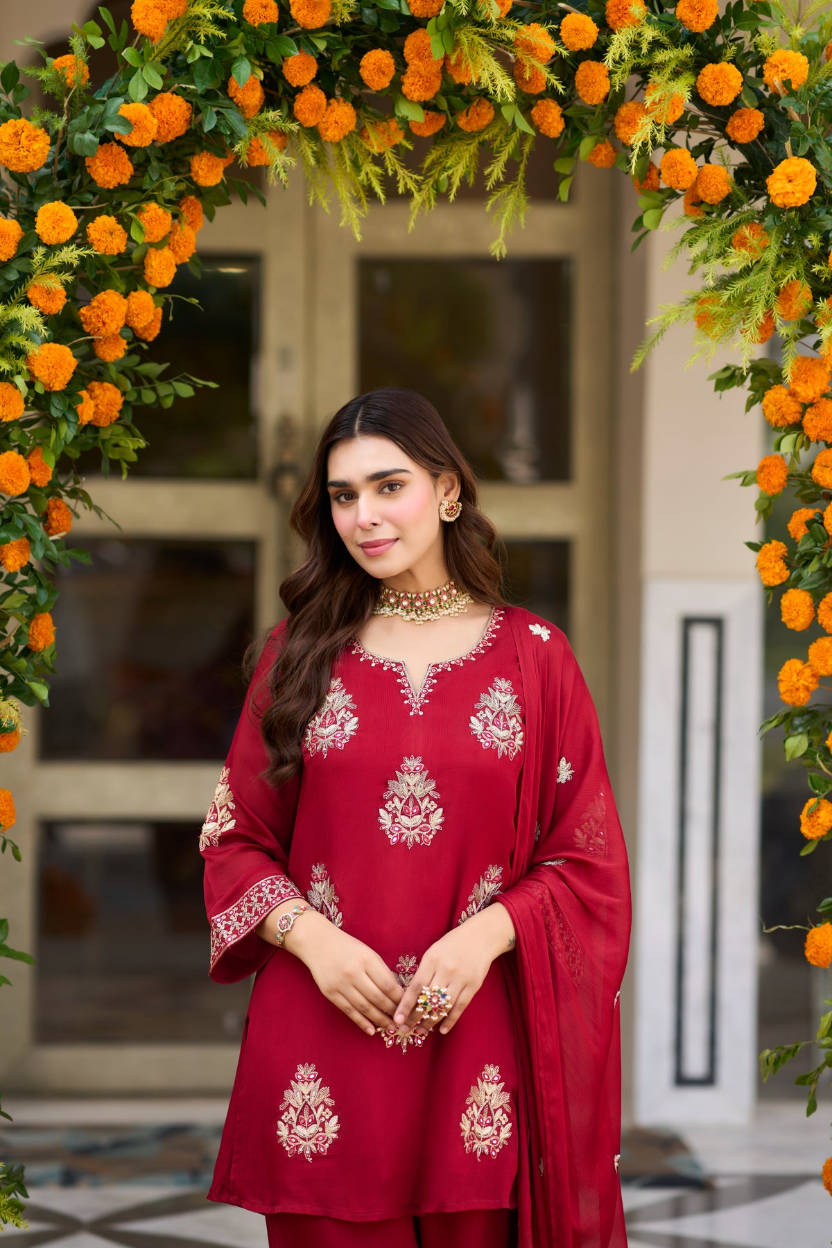 Crimson Bloom Embroidered Suit Set