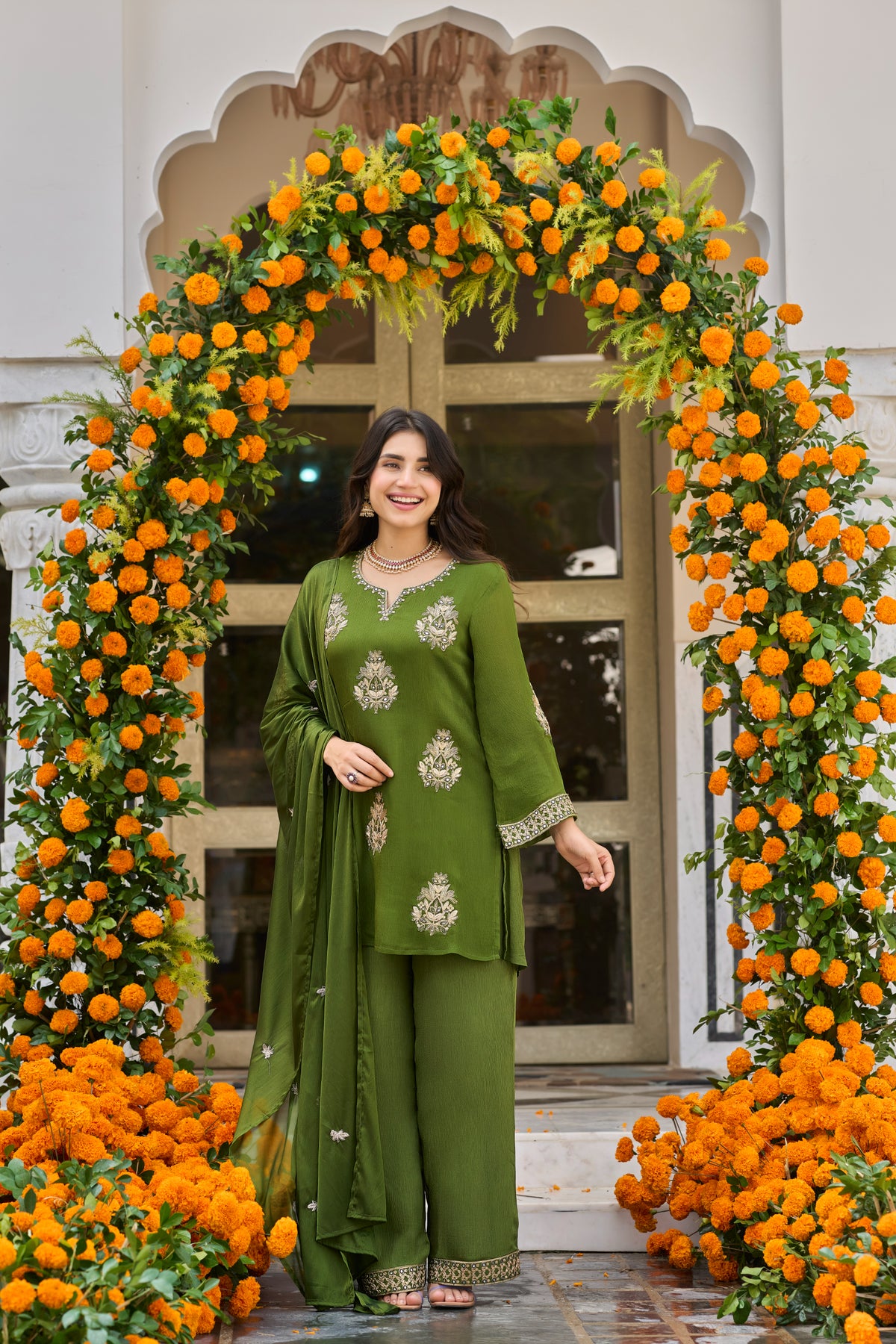 Olive Bloom Embroidered Kurta Set