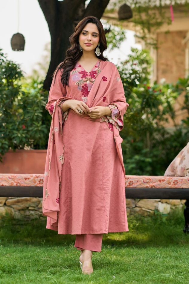 Pink Bloom Embroidered Set