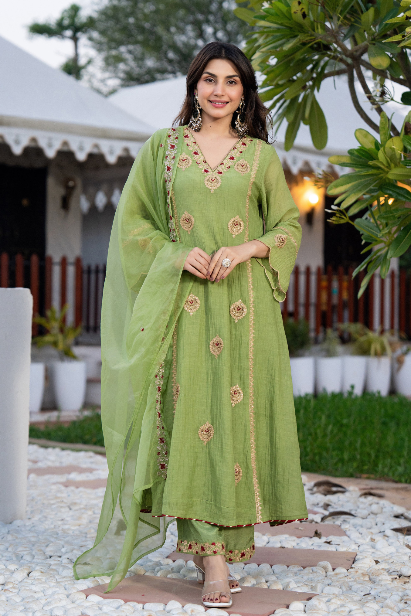 Pista Green Chanderi Embroidered Suit Set