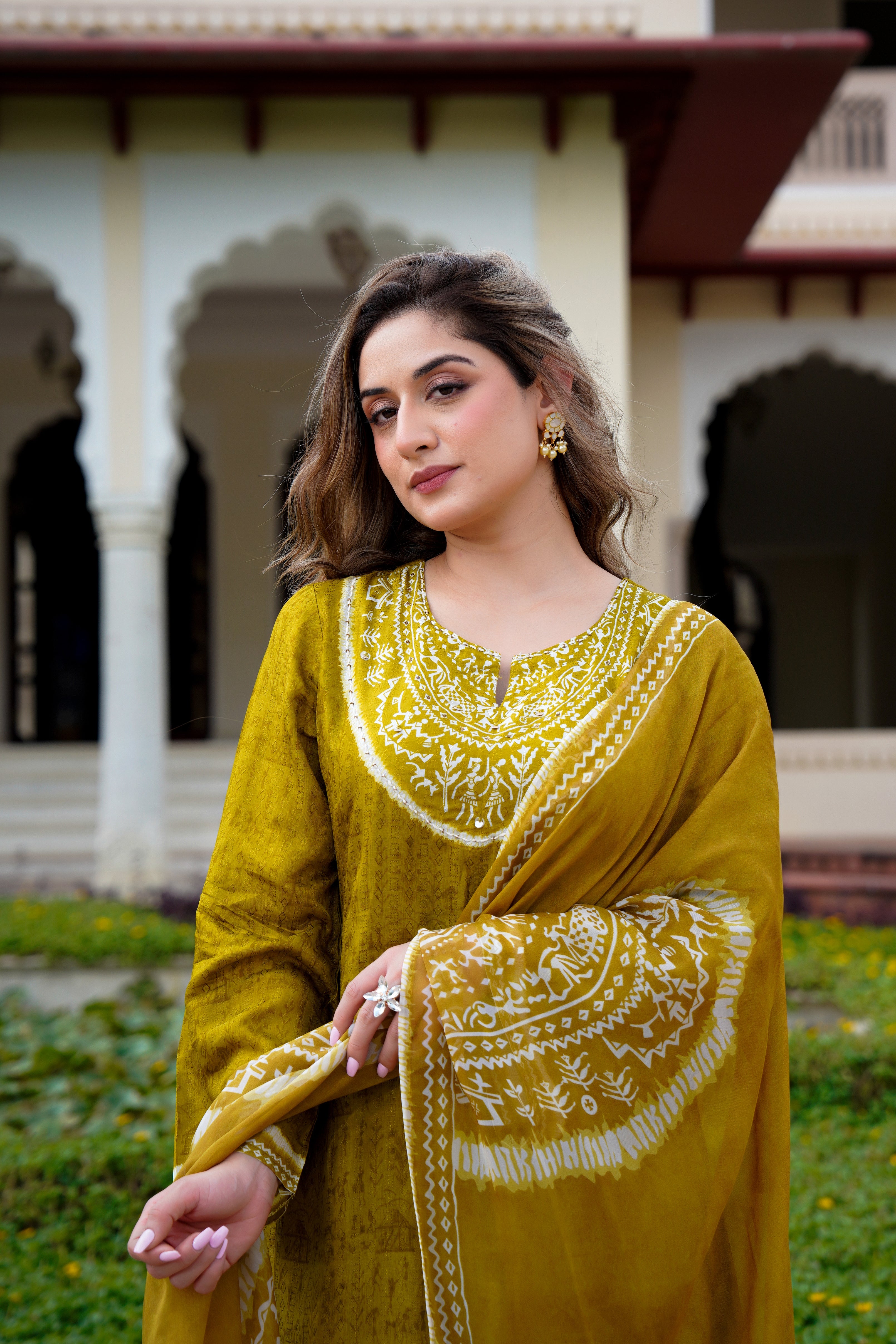 Olive Whisper Russian Silk Printed Suit Set